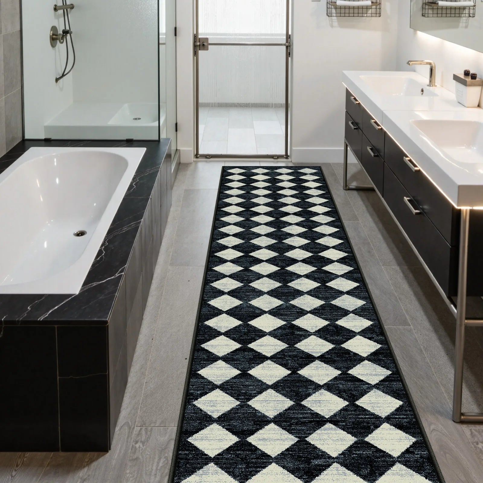 Zelie Washable Modern Geometric Diamond Checkered Black Runner Rug Clearance Rugs Lahome