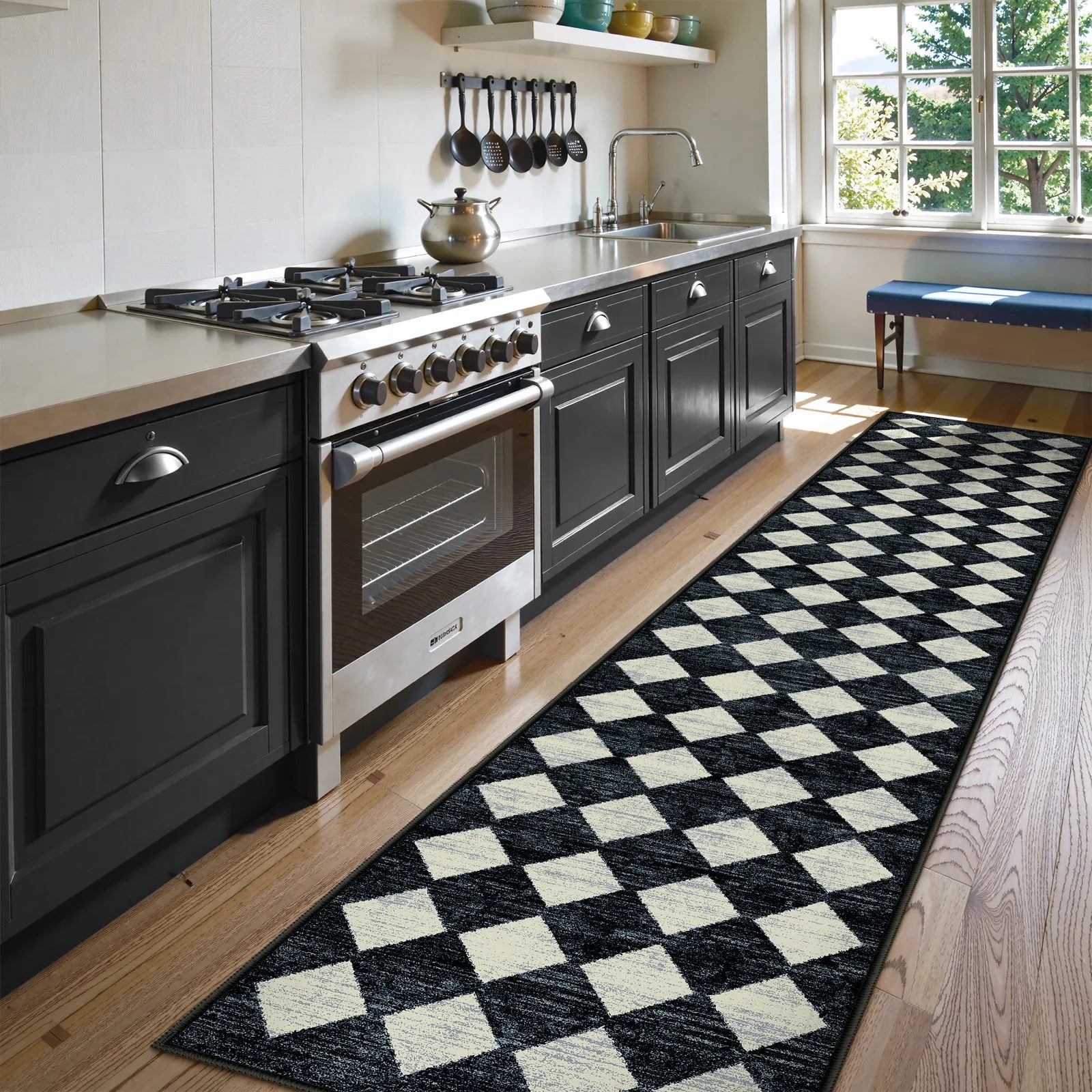 Zelie Washable Modern Geometric Diamond Checkered Black Runner Rug Clearance Rugs Lahome