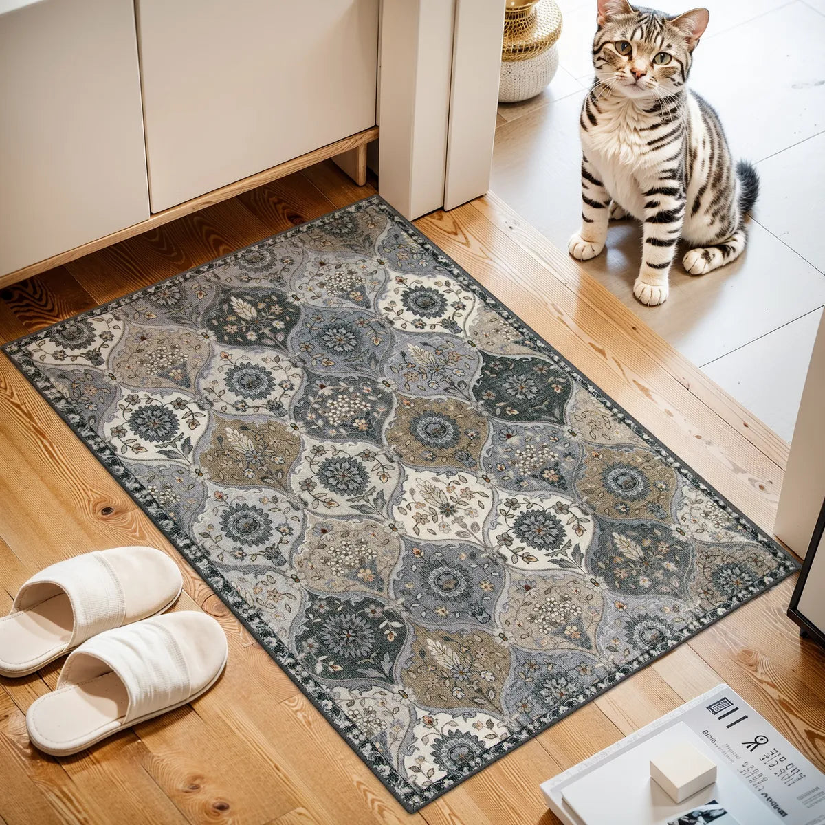 Elise Washable Ultra-thin Transitional Vintage Floral Moroccan Trellis Grey Rug Area Rugs Lahome 2' x 3'