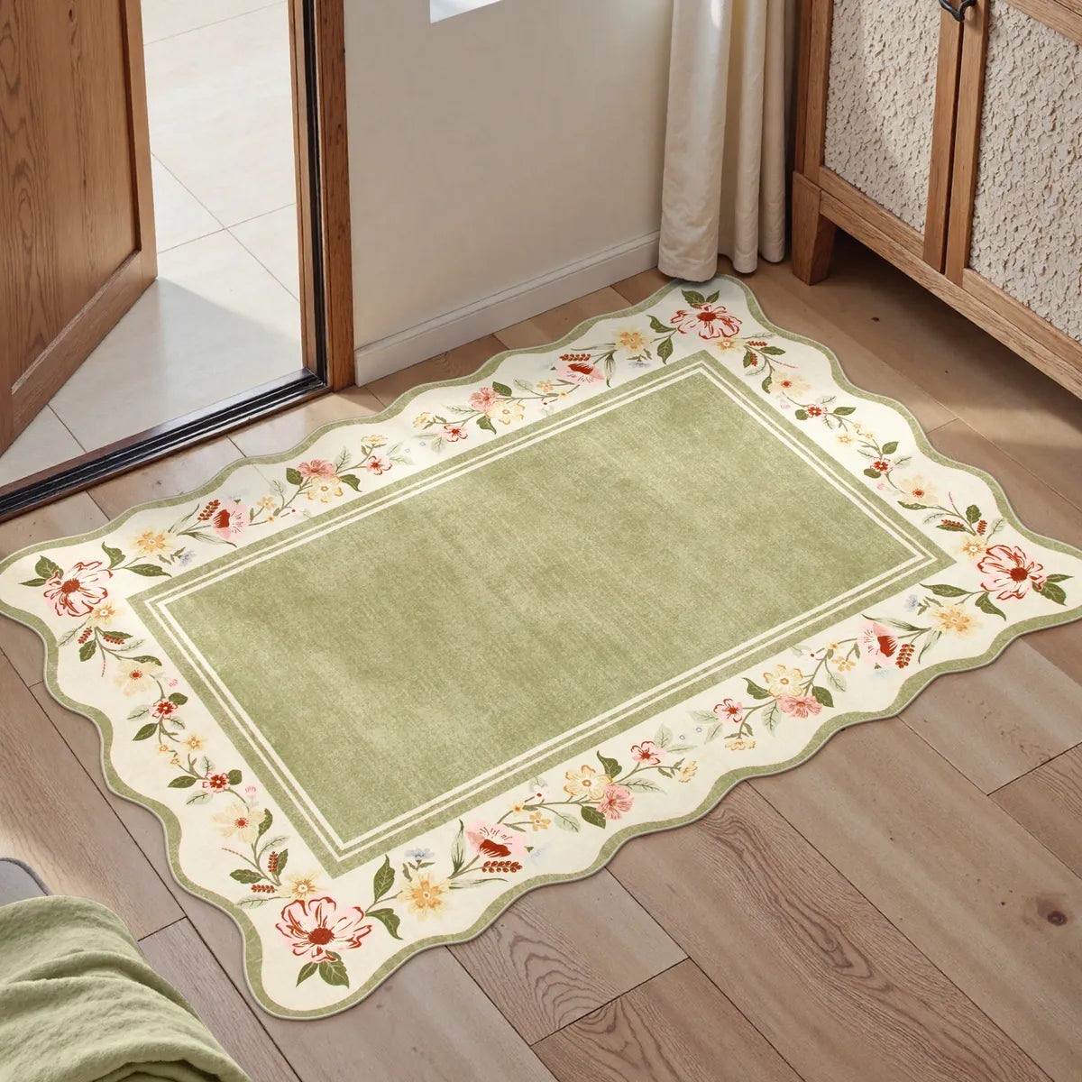 Ariele Washable Vintage Floral Scalloped Sage Green Rug Area Rugs Lahome 2' x 3'