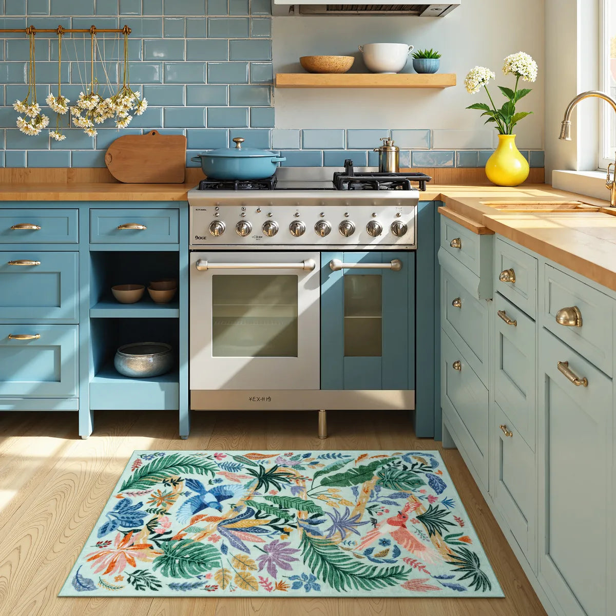 Lahome Washable Modern Tropical Bird Green Runner Rug for living room