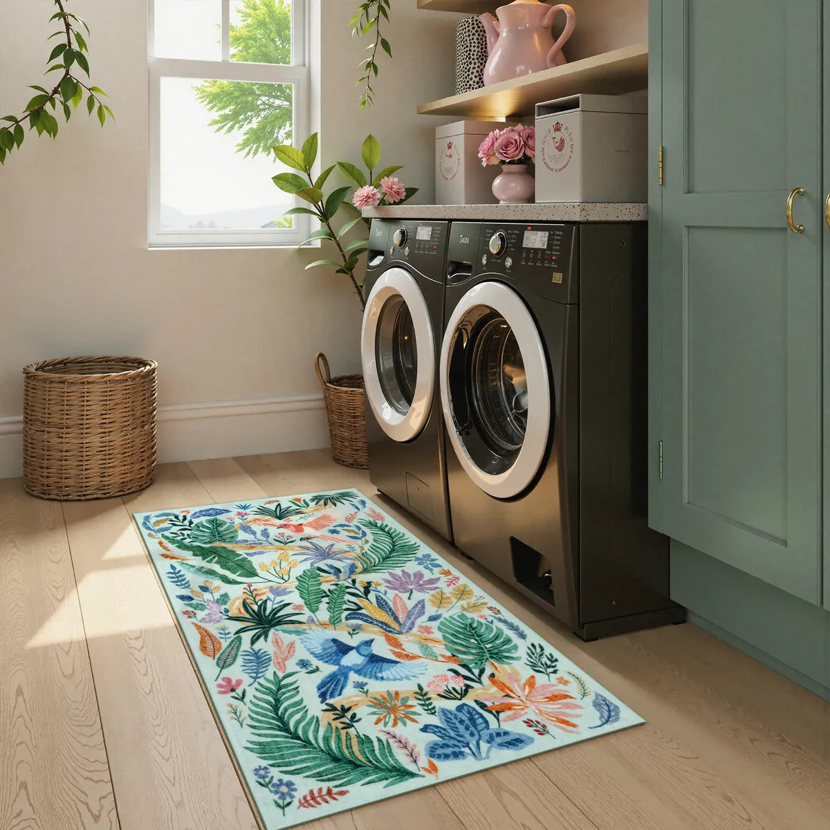 Avelie Washable Modern Tropical Bird Green Runner Rug Area Rugs Lahome