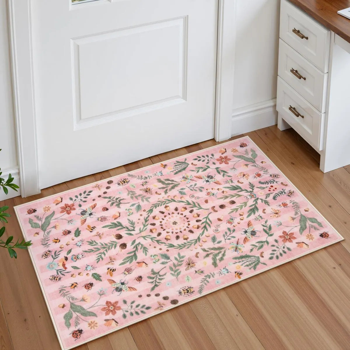Chloe Washable Boho Insect Botanical Floral Pink Runner Rug Area Rugs Lahome