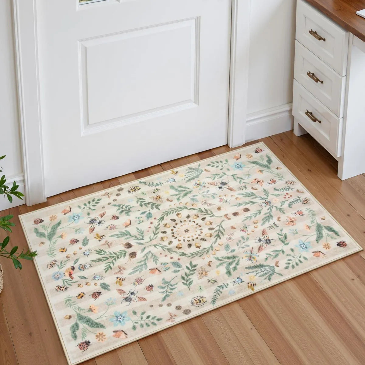 Chloe Washable Boho Insect Botanical Floral Beige Runner Rug Area Rugs Lahome