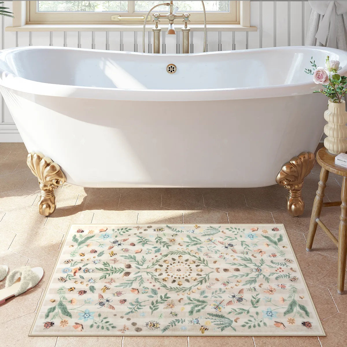 Chloe Washable Boho Insect Botanical Floral Beige Runner Rug Area Rugs Lahome