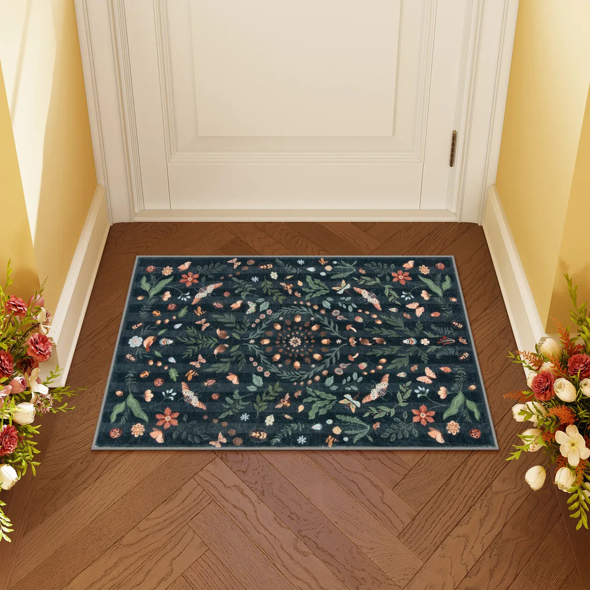 Chloe Washable Boho Insect Botanical Floral Black Runner Rug Area Rugs Lahome 2' x 3'