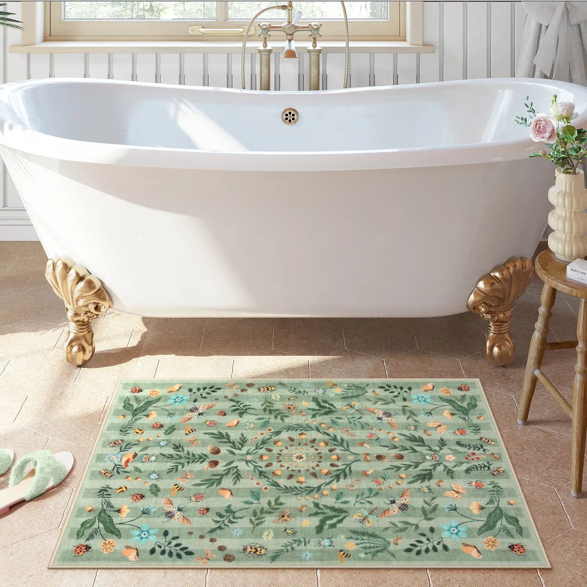 Chloe Washable Boho Insect Botanical Floral Green Runner Rug Area Rugs Lahome