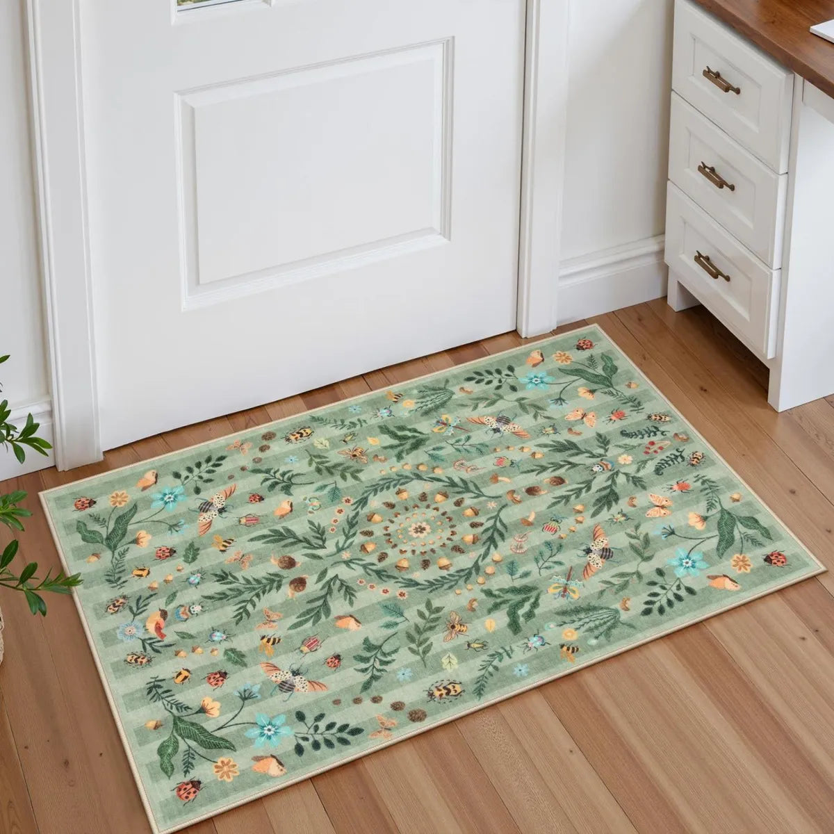 Chloe Washable Boho Insect Botanical Floral Green Runner Rug Area Rugs Lahome