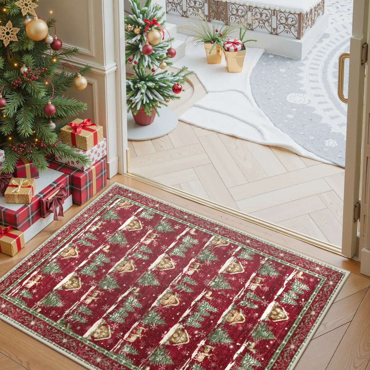 Christmas Washable Cabin and Reindeer Red Rug Area Rugs Lahome 2' x 3'