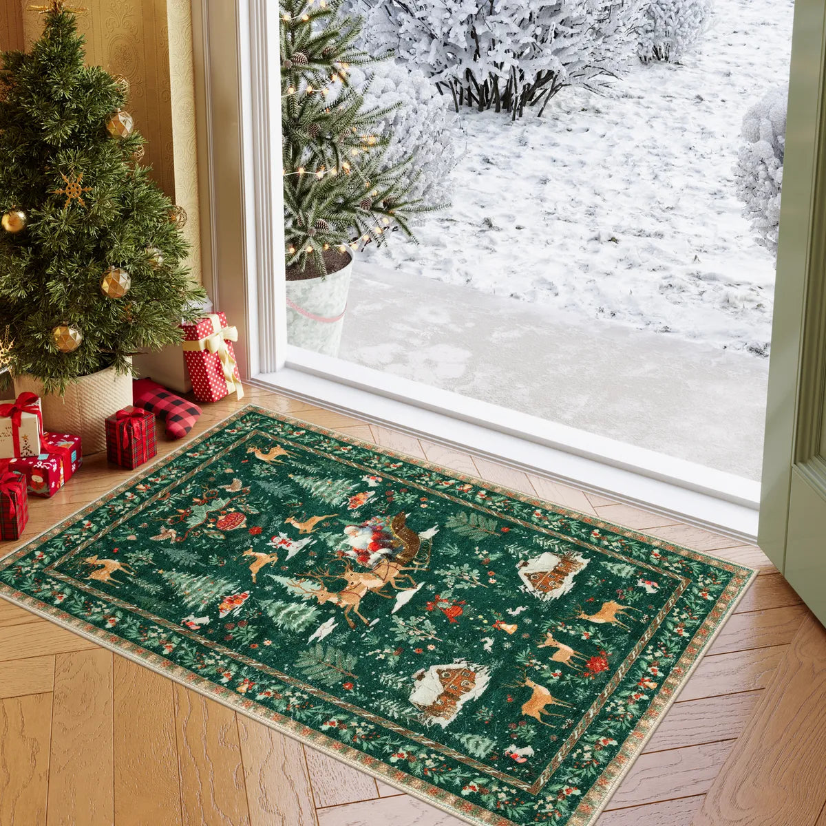 Olivier Christmas Washable Tree and Santa Green Rug Area Rugs Lahome 2' x 3'