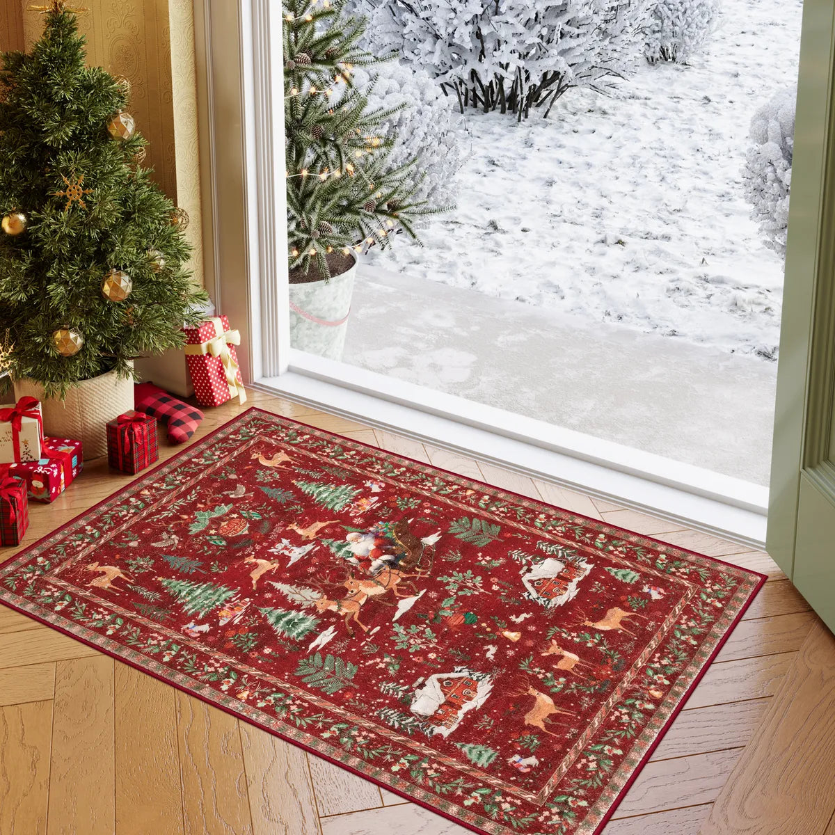 Olivier Christmas Washable Tree and Santa Red Rug Area Rugs Lahome 2' x 3'