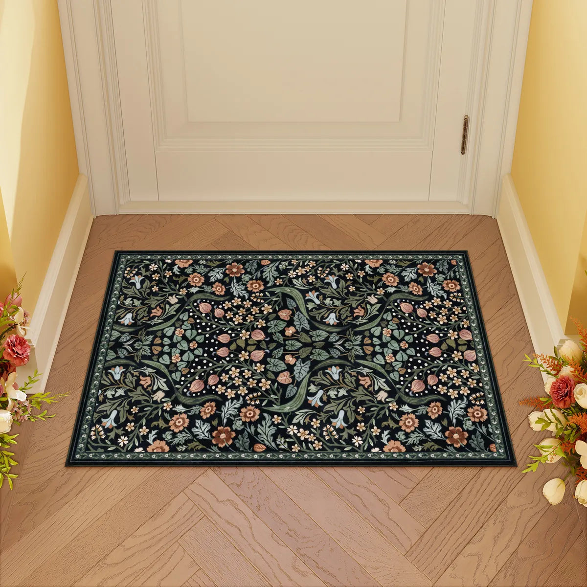 2' x 3' Lahome Washable Maximalism Vibrant Blossom Floral Black Area Rug for entryway.