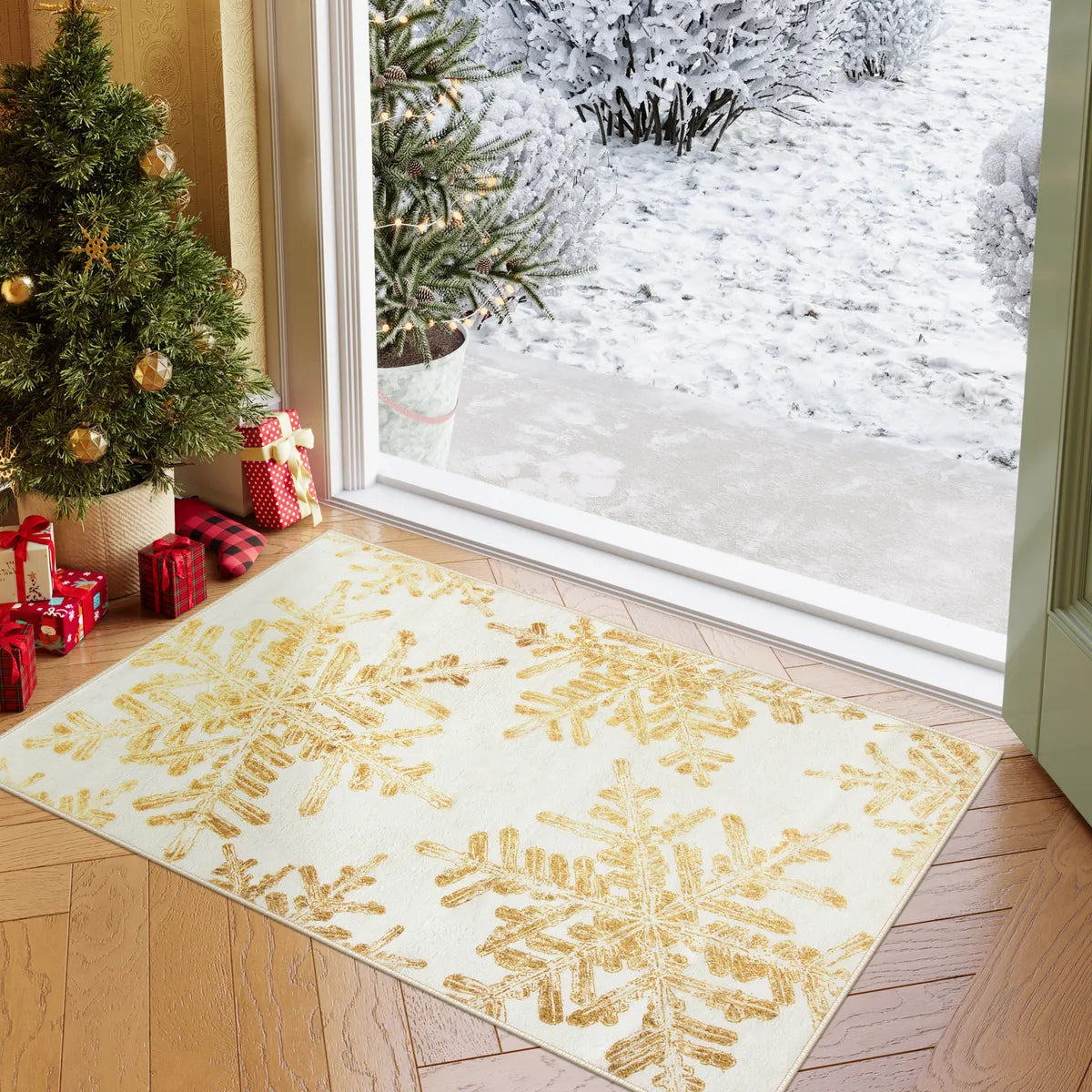 Christmas Washable Crystal Snowflake Gold Rug Clearance Rugs Lahome 2' x 3'