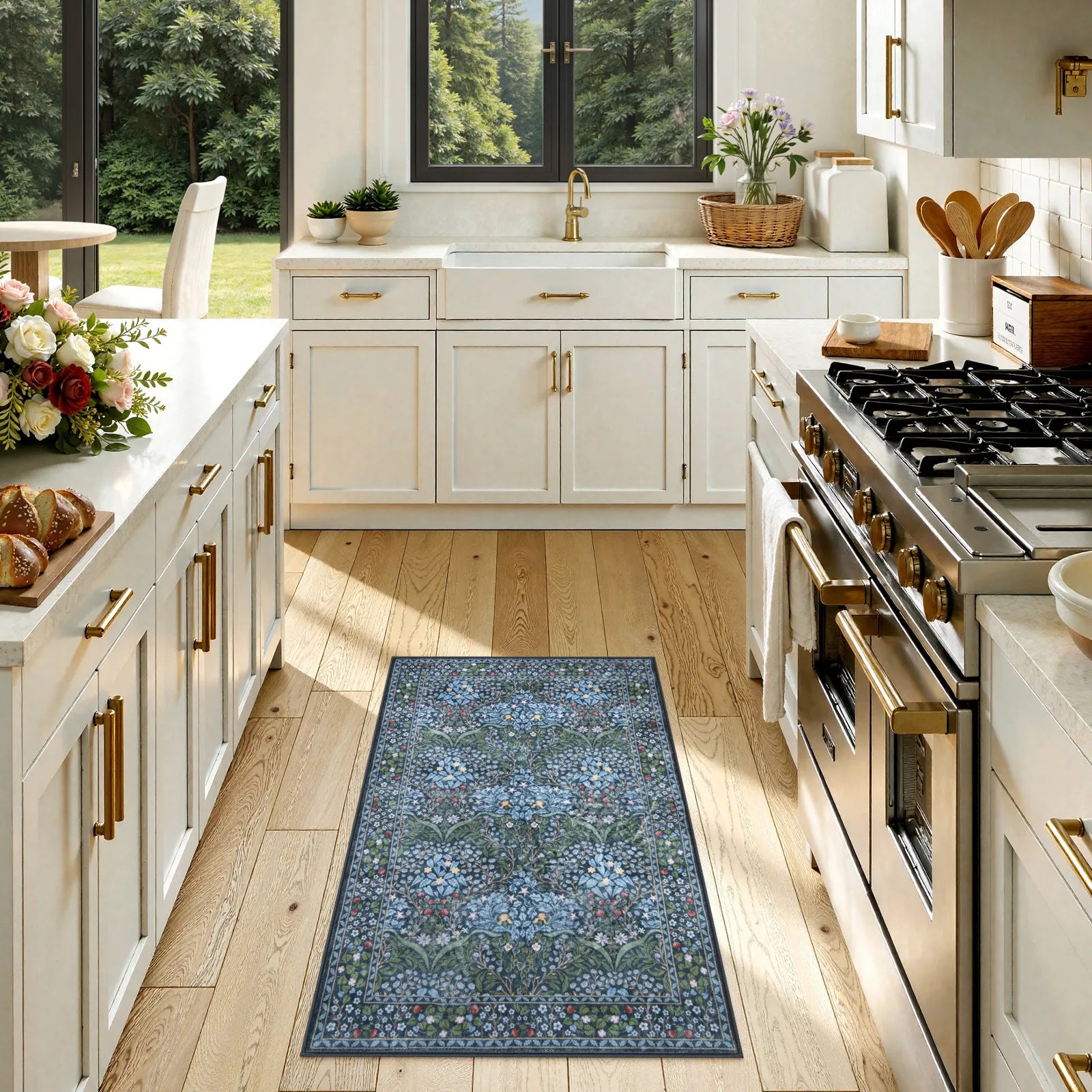 Giverny Washable Maximalism Vintage French Floral Blue Rug Rugs Lahome