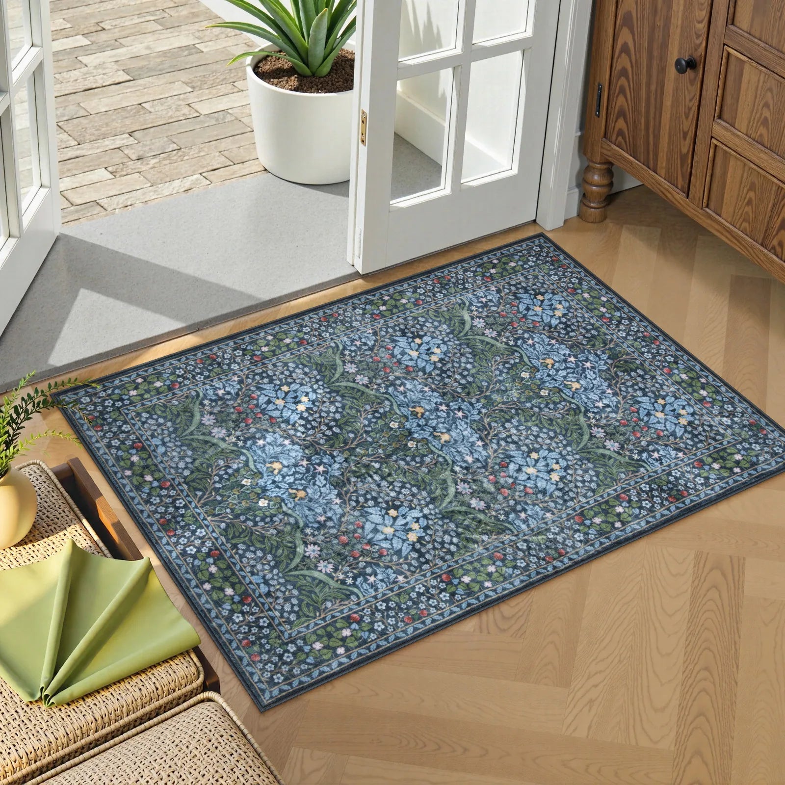 Giverny Washable Maximalism Vintage French Floral Blue Rug Rugs Lahome 2' x 3'