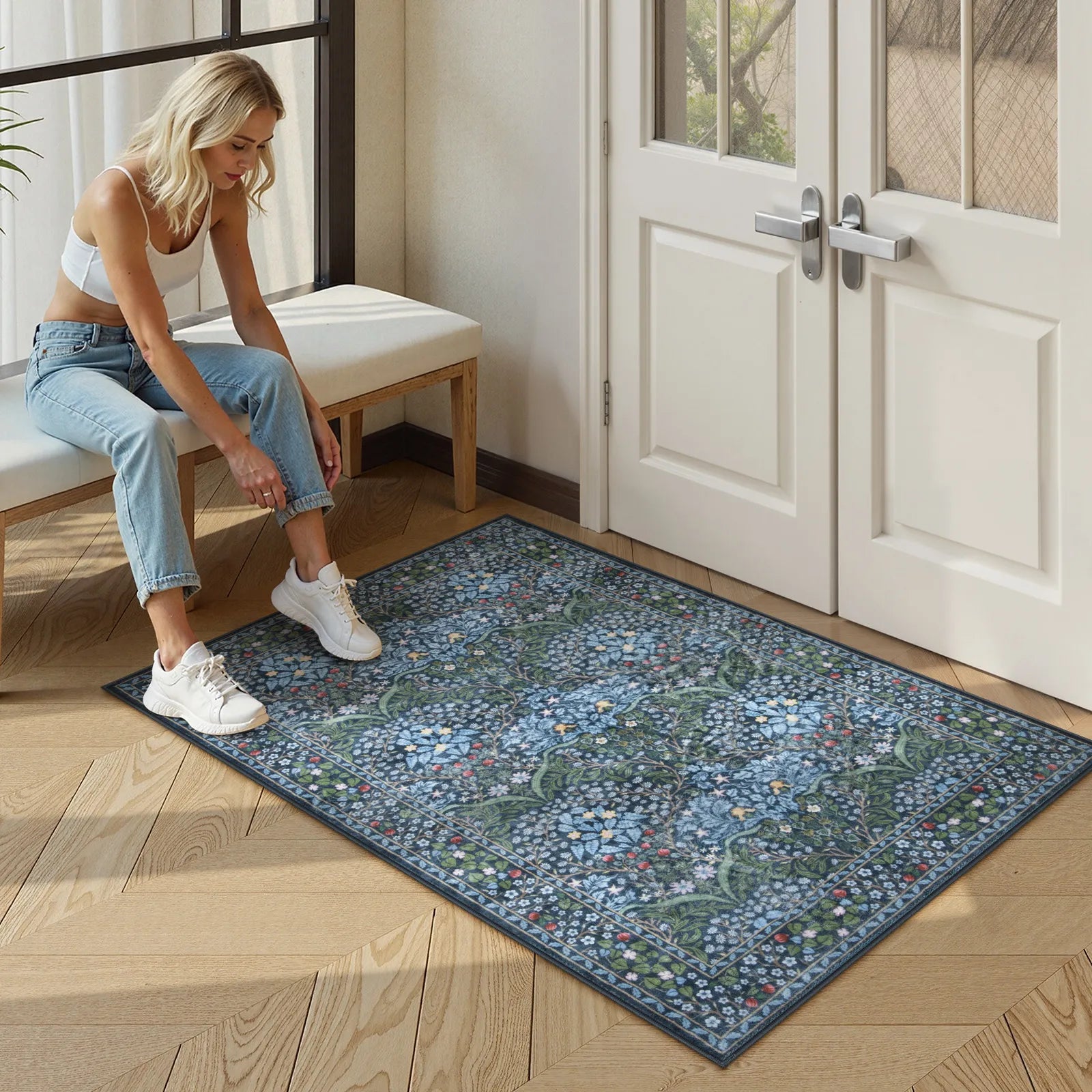 Giverny Washable Maximalism Vintage French Floral Blue Rug Rugs Lahome