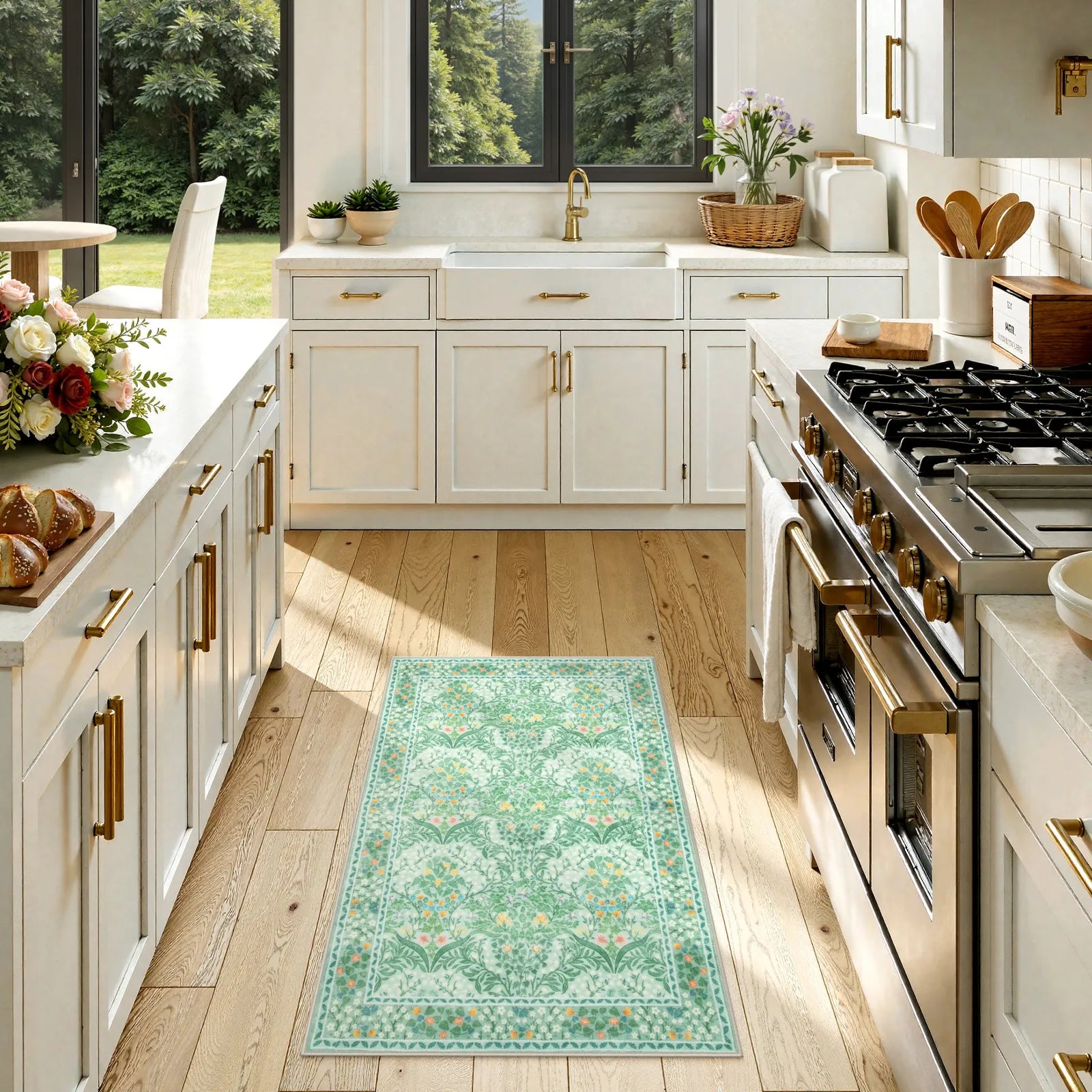 Giverny Washable Maximalism Vintage French Floral Sage Green Rug Rugs Lahome