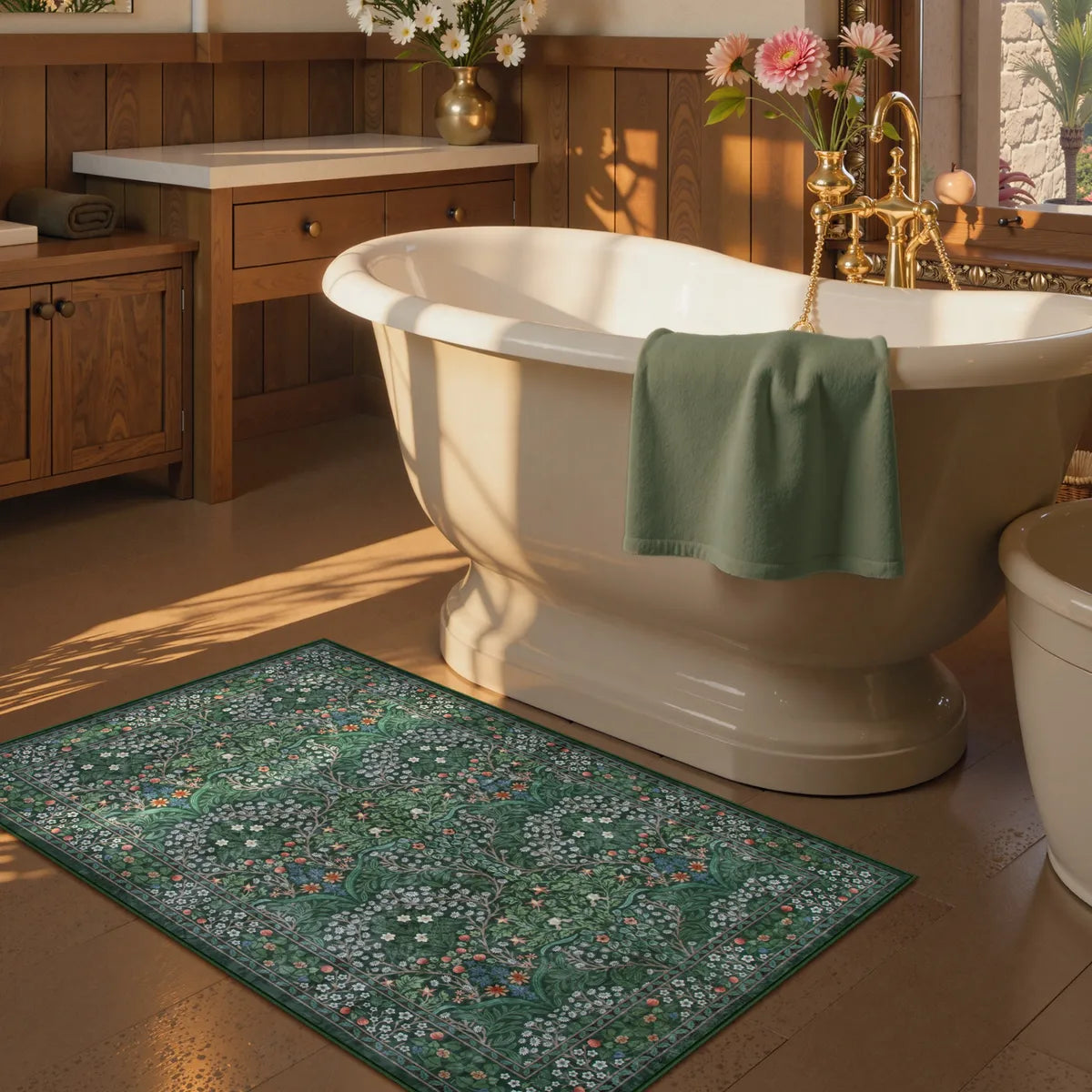 Giverny Washable Maximalism Vintage French Floral Dark Green Rug Rugs Lahome