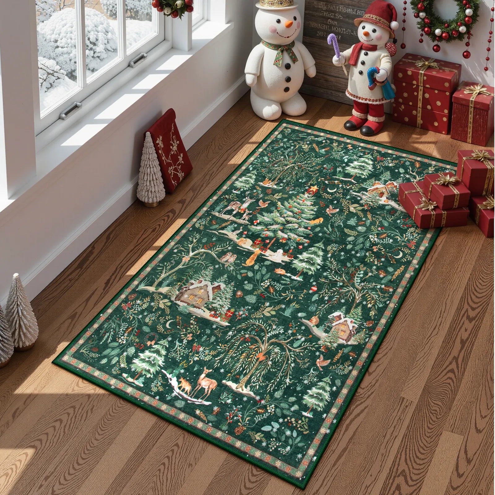 Jocelyn Christmas Washable Winter Woodland Cabin Green Rug Area Rugs Lahome 2' x 3'