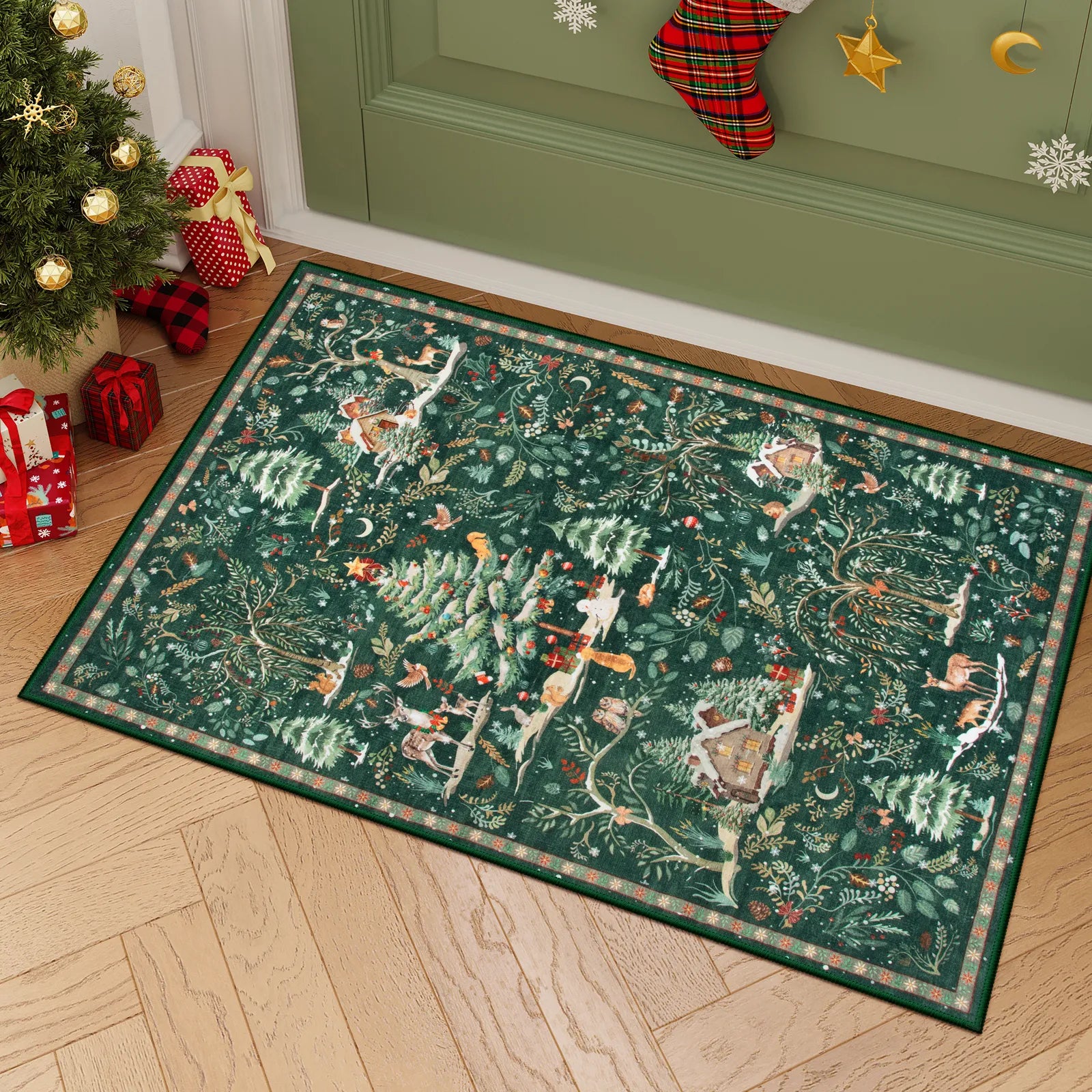 Jocelyn Christmas Washable Winter Woodland Cabin Green Rug Area Rugs Lahome