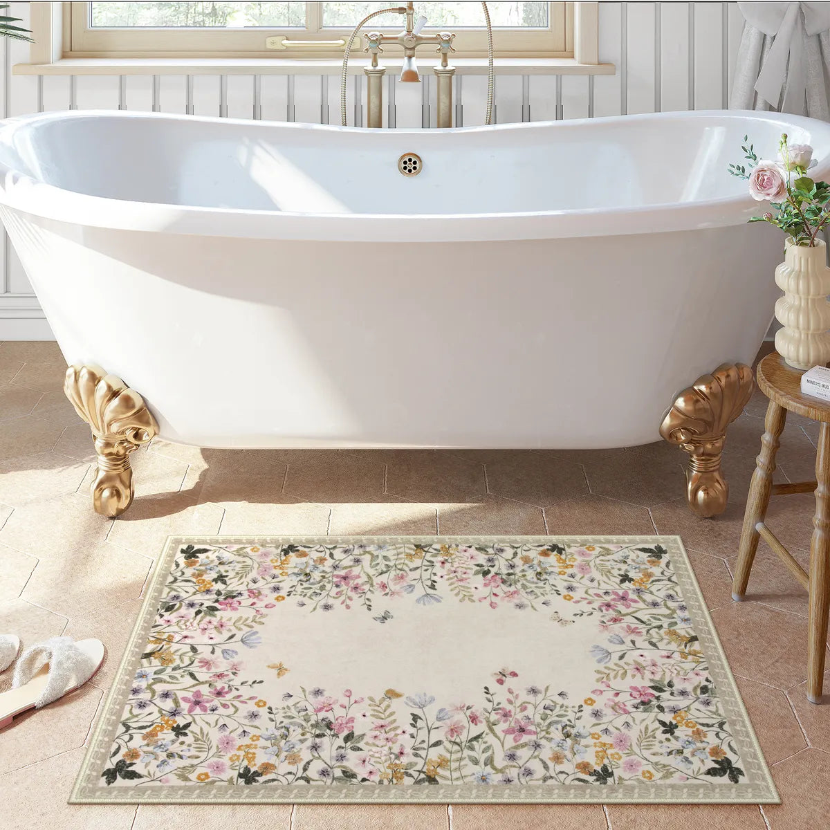 Solene Washable Modern Blooming Floral Garden Beige Rug Area Rugs Lahome