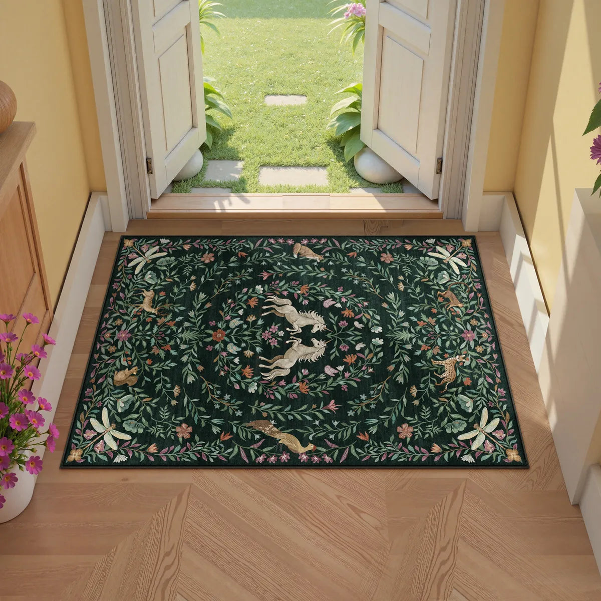 Myrrha Washable Fantasy Garden and Unicorn Dark Green Rug Area Rugs Lahome