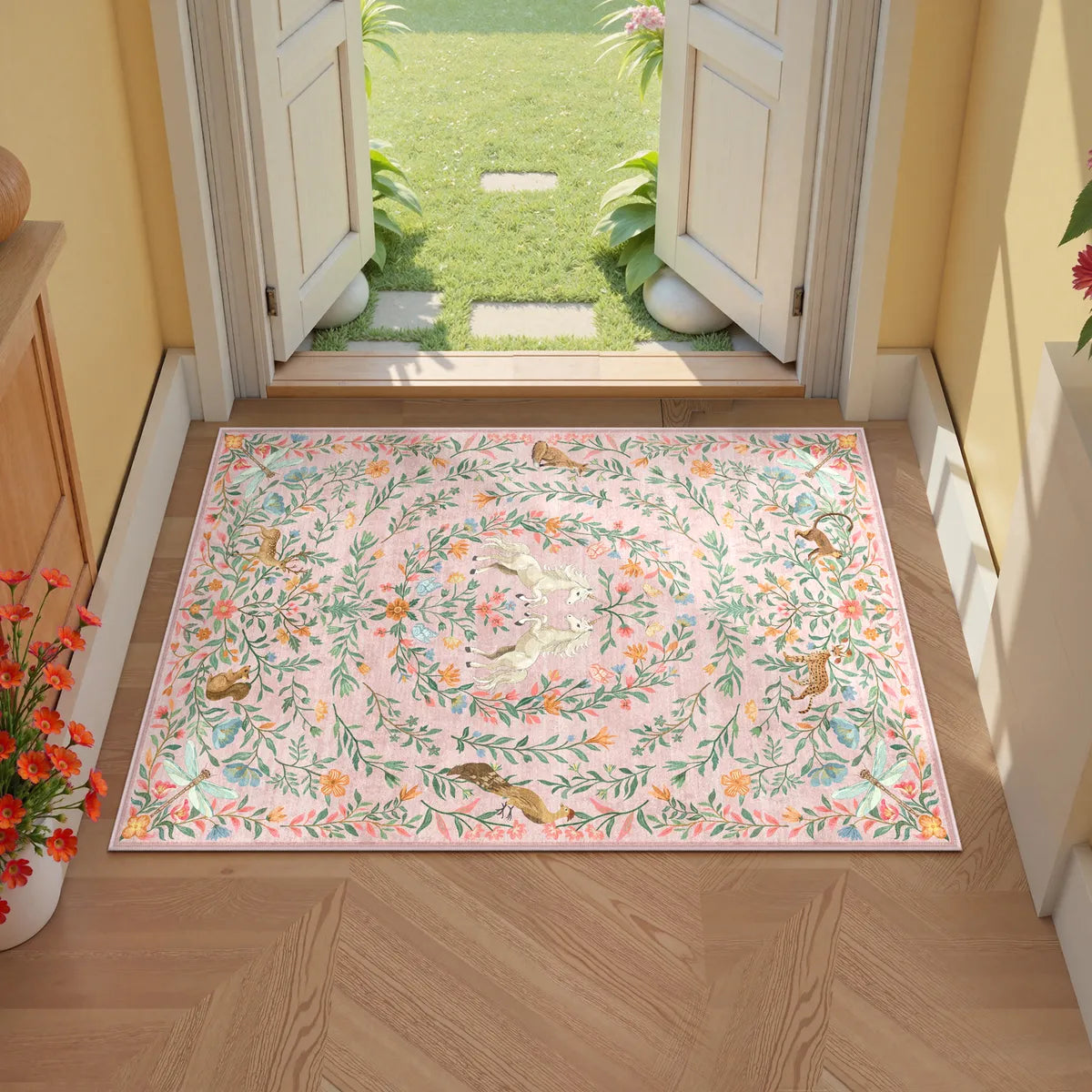 Myrrha Washable Fantasy Garden and Unicorn Pink Rug Area Rugs Lahome