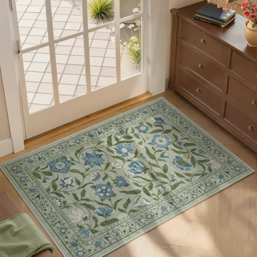 Solace Washable Boho French Elegant Floral Green Rug Rugs Lahome