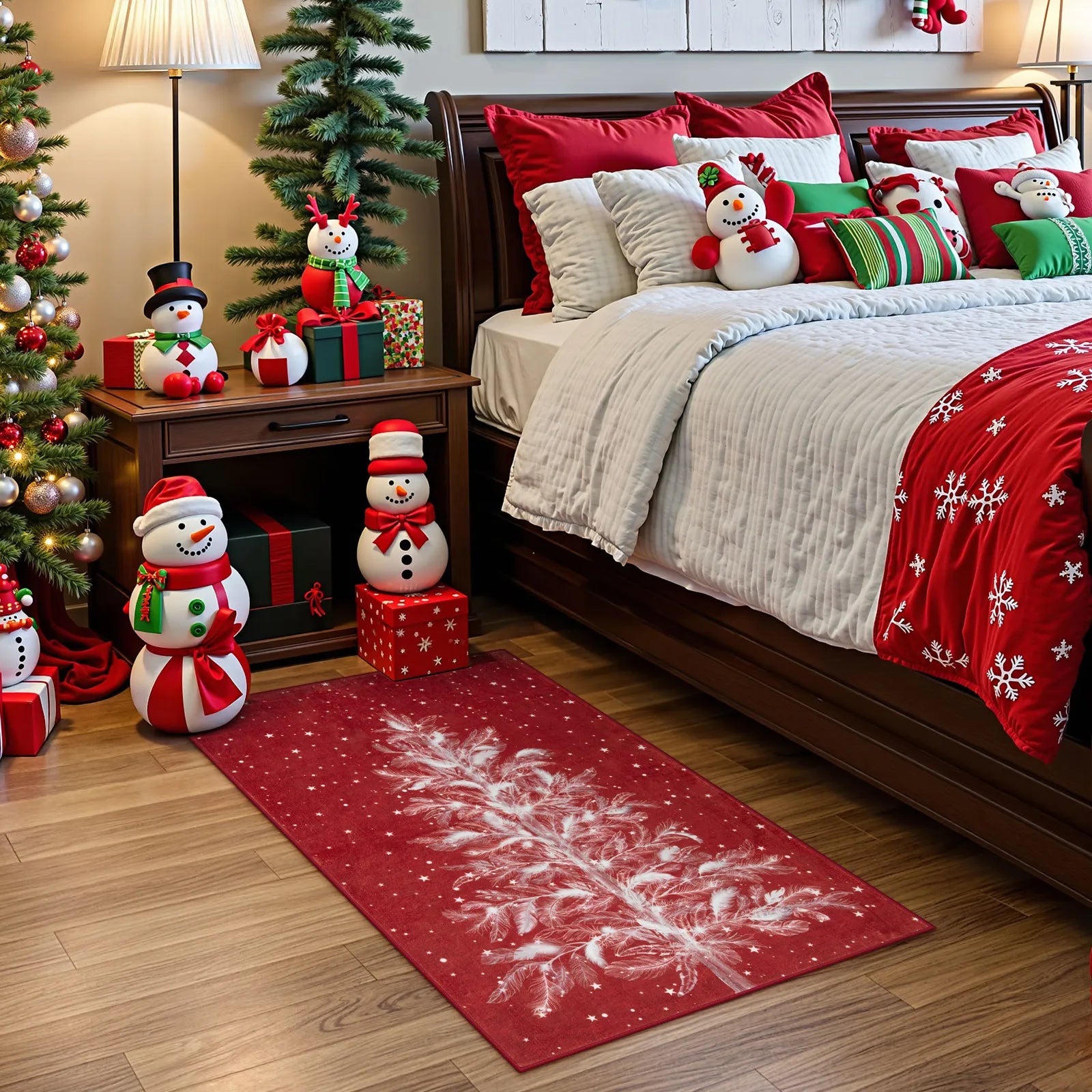 Velours Christmas Washable Tree and Snowflake Red Rug Area Rugs Lahome