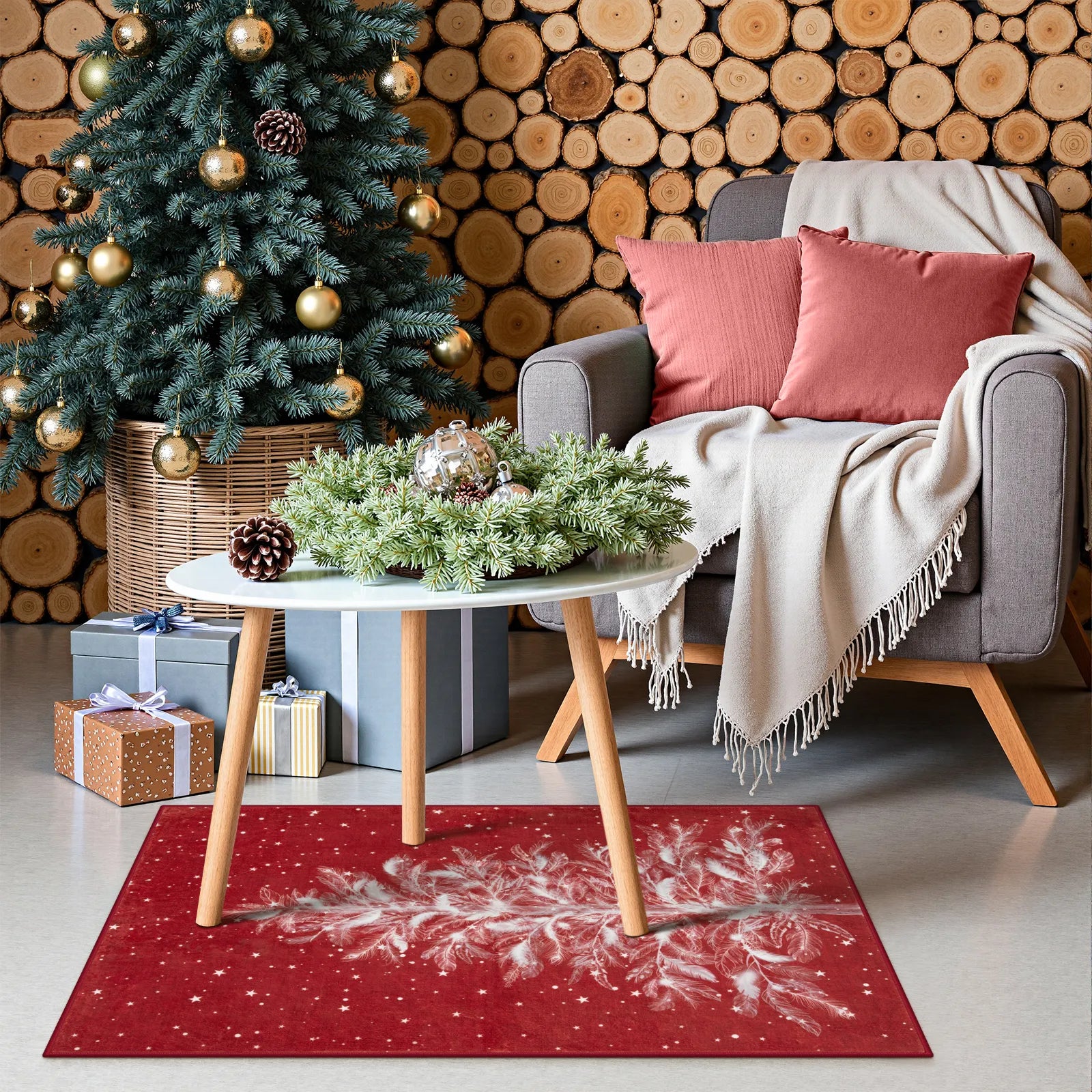 Velours Christmas Washable Tree and Snowflake Red Rug Area Rugs Lahome