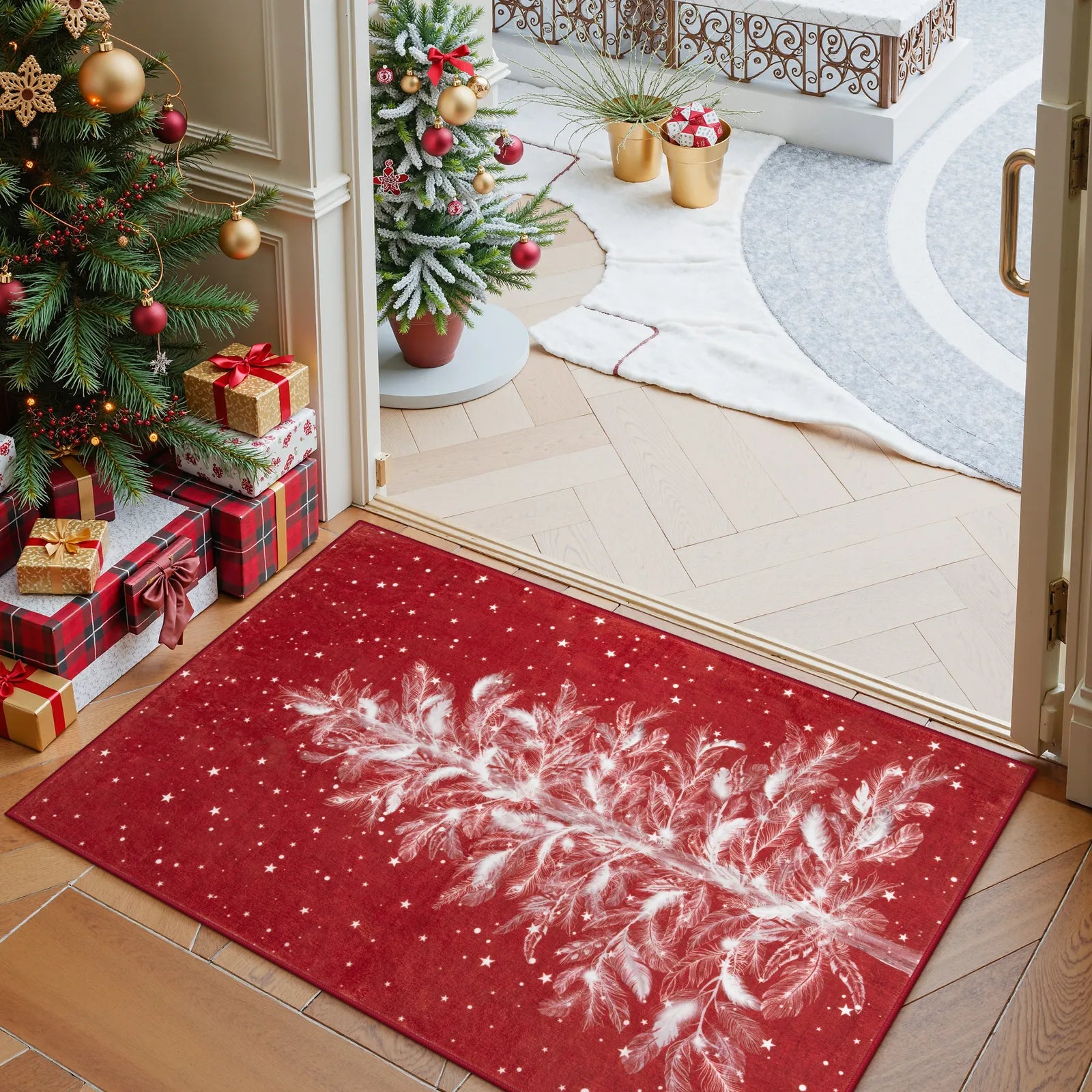 Velours Christmas Washable Tree and Snowflake Red Rug Area Rugs Lahome 2' x 3'