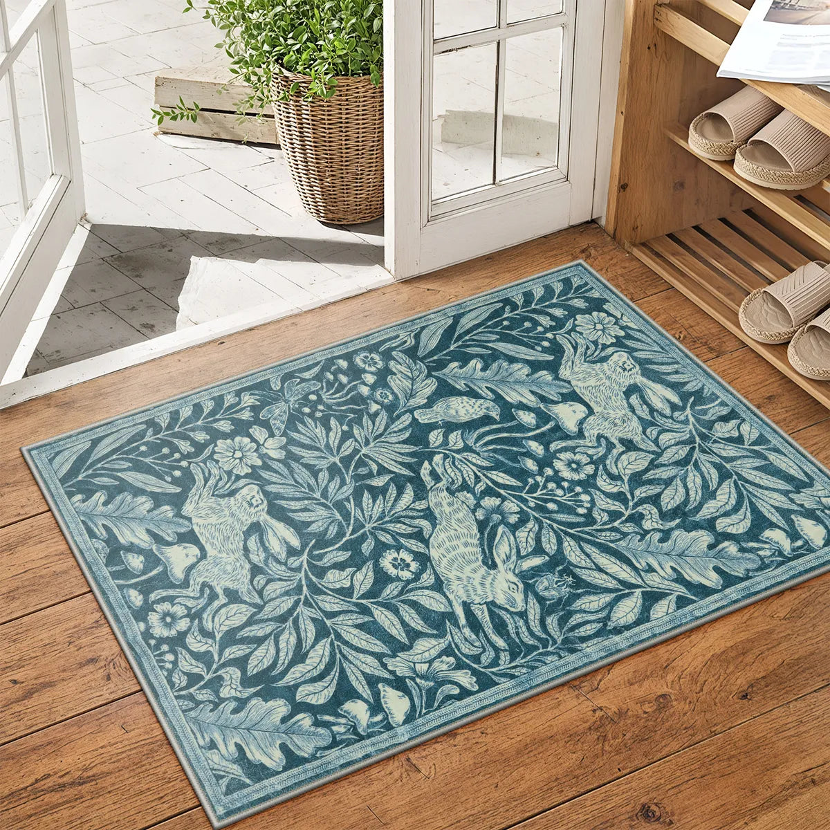 Nadine Washable Vintage Woodcut Forest and Rabbit Blue Rug Area Rugs Lahome 2' x 3'