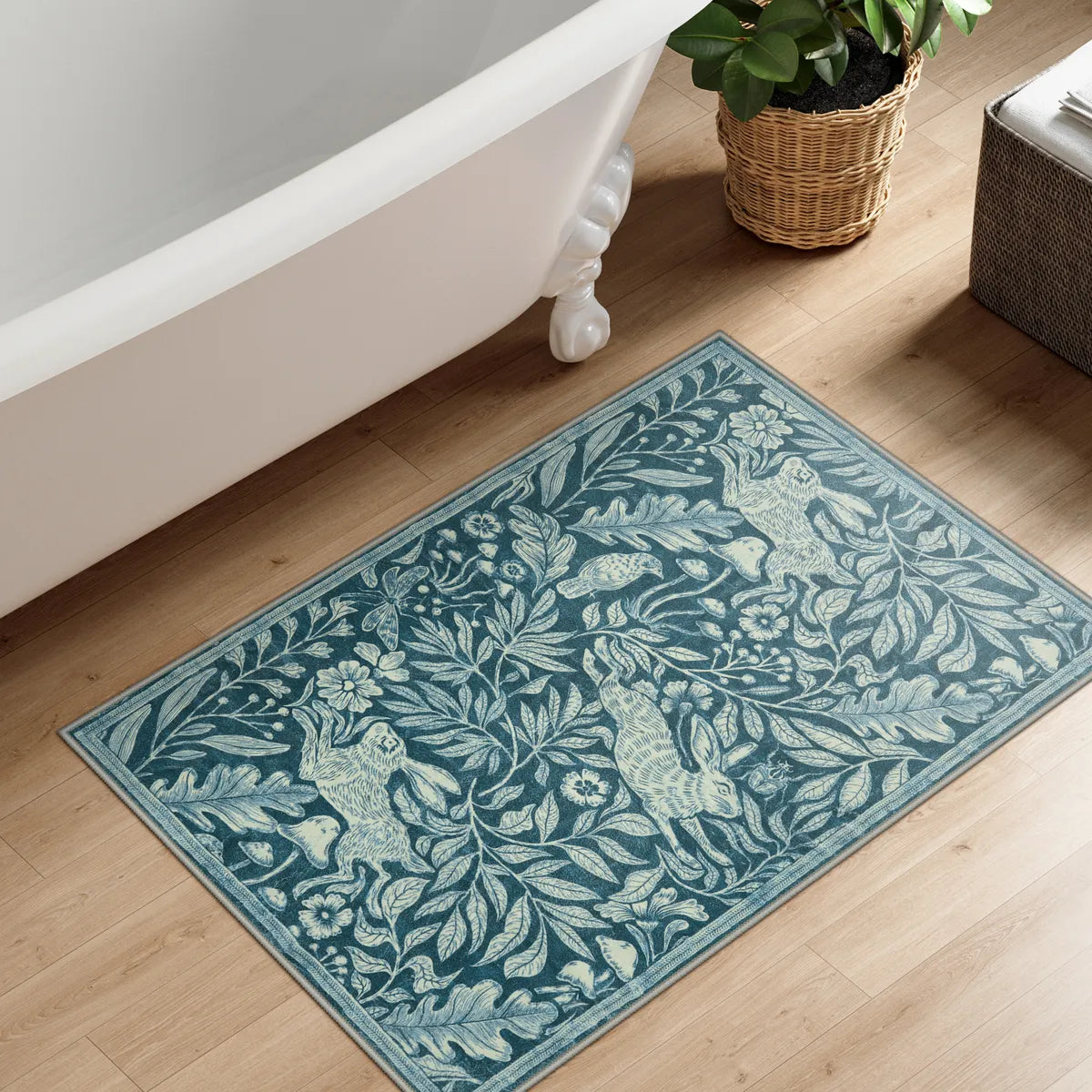 Nadine Washable Vintage Woodcut Forest and Rabbit Blue Rug Area Rugs Lahome