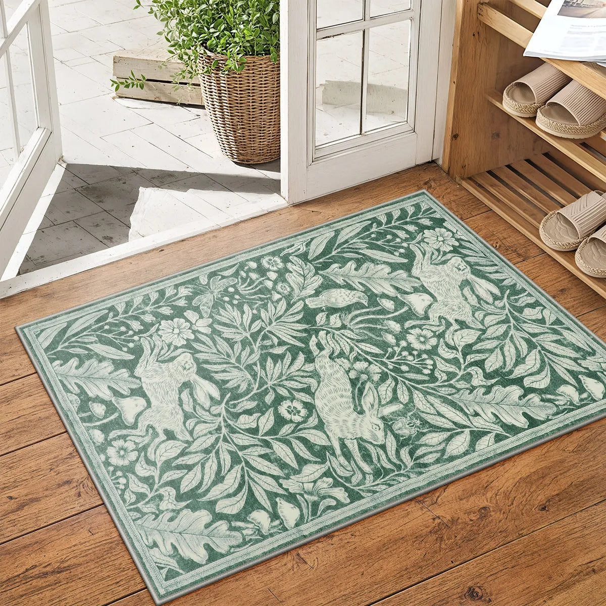 Nadine Washable Vintage Woodcut Forest and Rabbit Green Rug Area Rugs Lahome 2' x 3'