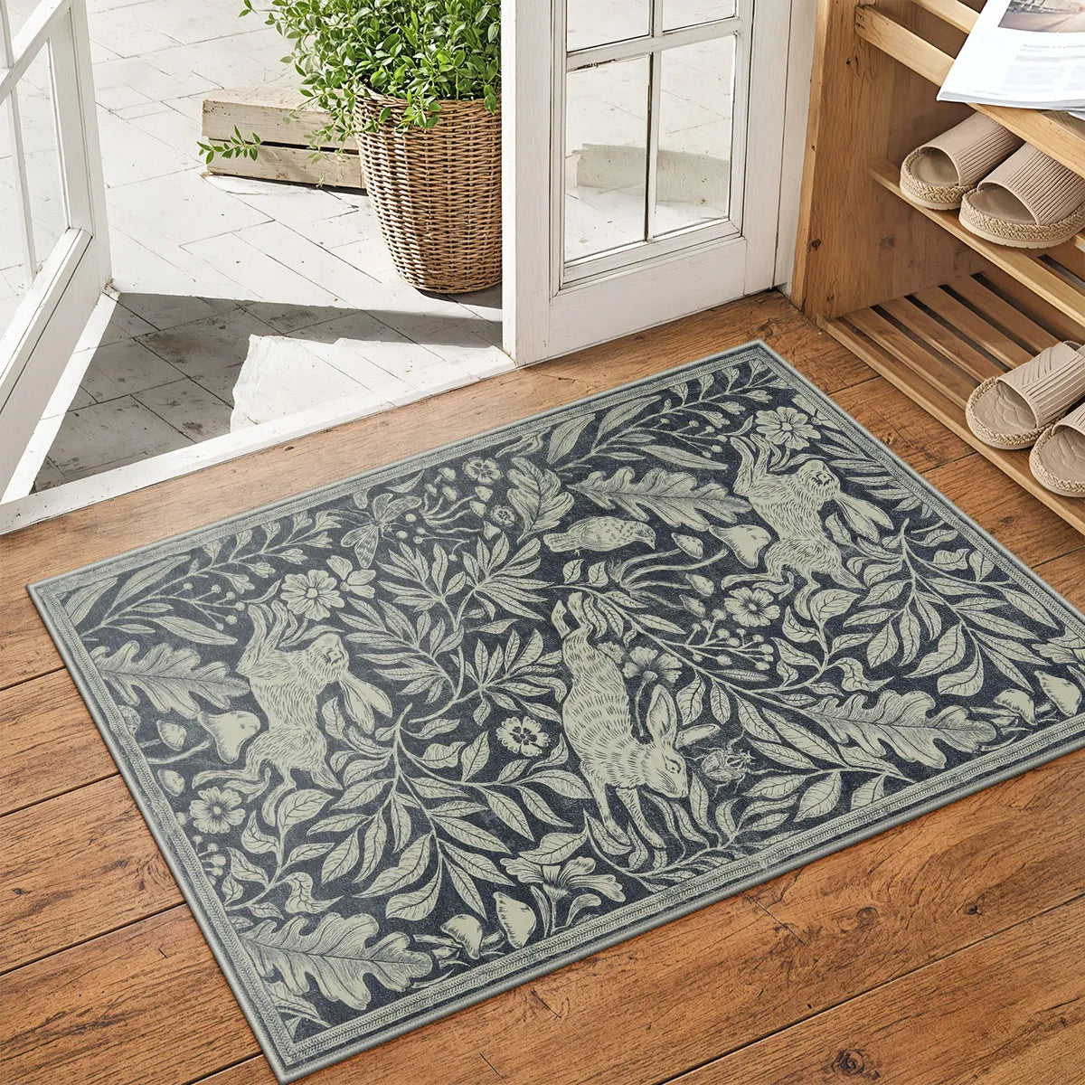 Nadine Washable Vintage Woodcut Forest and Rabbit Grey Rug Area Rugs Lahome 2' x 3'