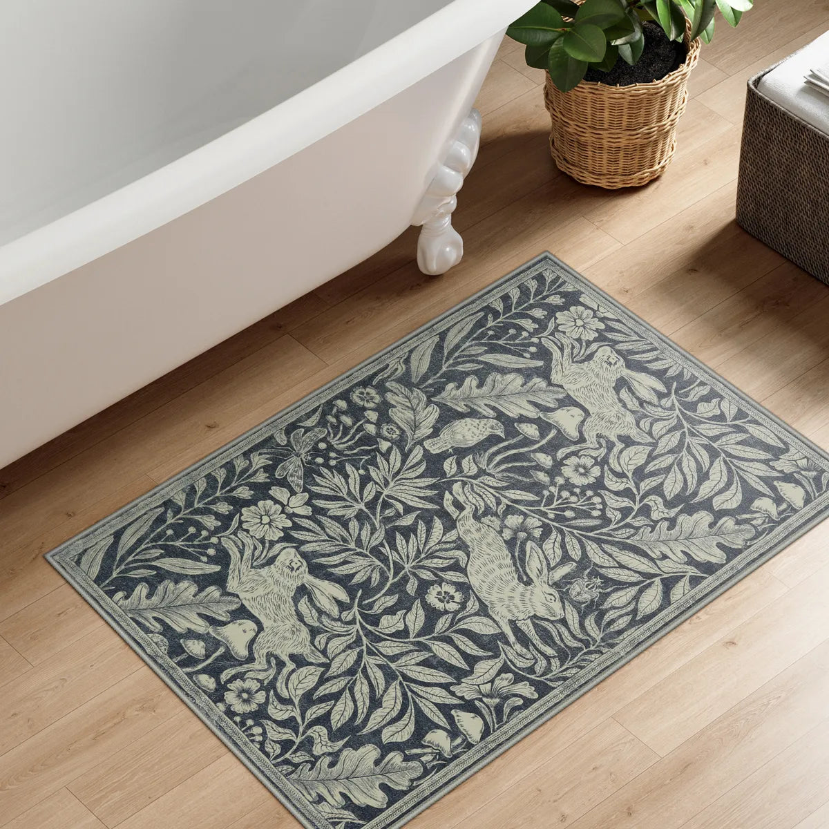 Nadine Washable Vintage Woodcut Forest and Rabbit Grey Rug Area Rugs Lahome