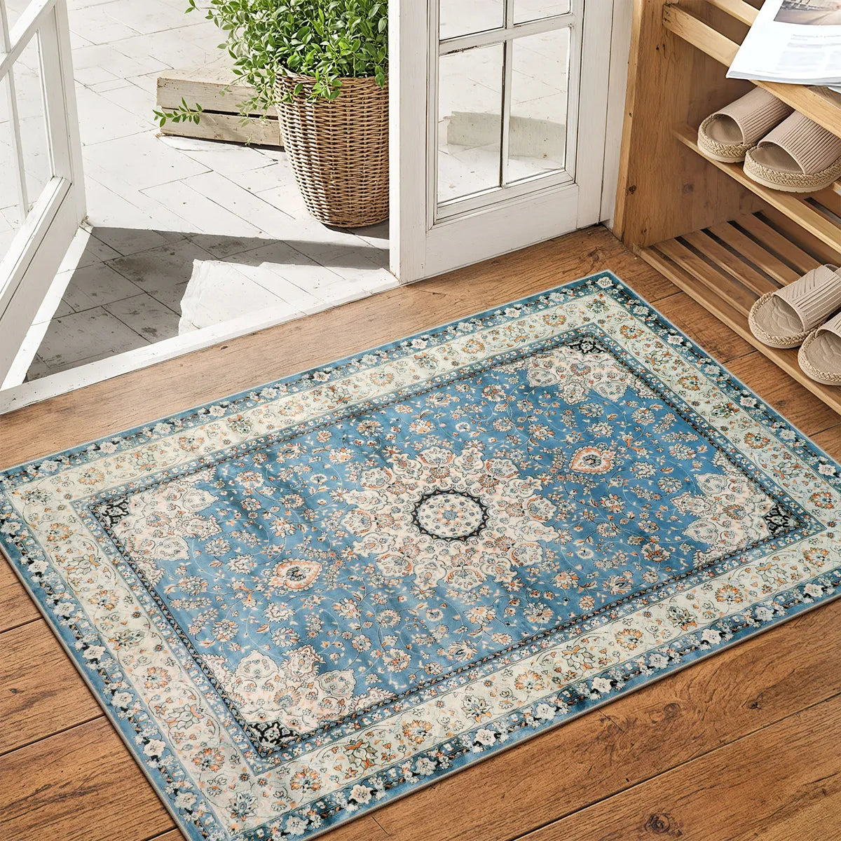 Alodie Washable Distressed Oriental Floral Medallion Blue Area Rug Clearance Rugs Lahome 2' x 3'