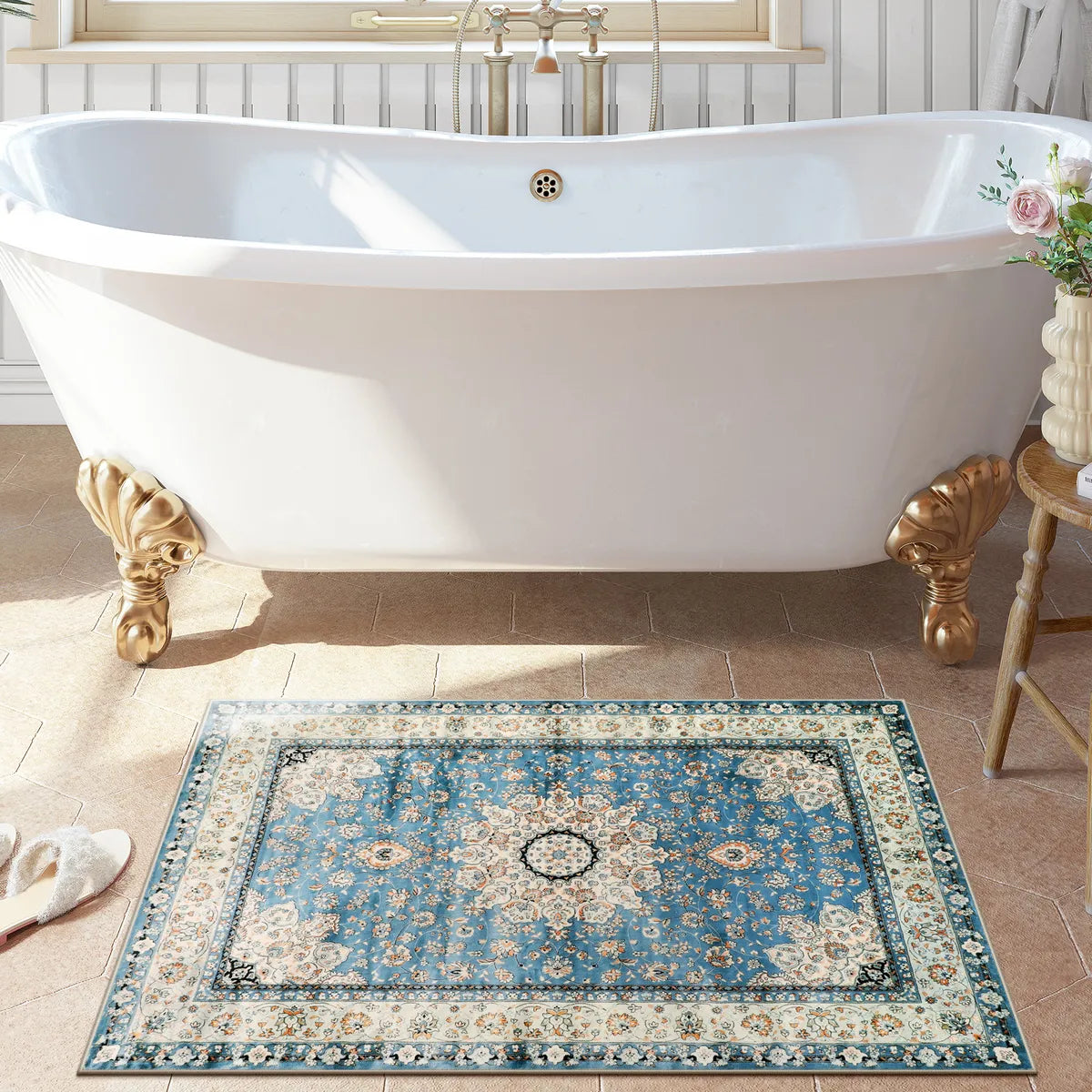Alodie Washable Distressed Oriental Floral Medallion Blue Area Rug Clearance Rugs Lahome