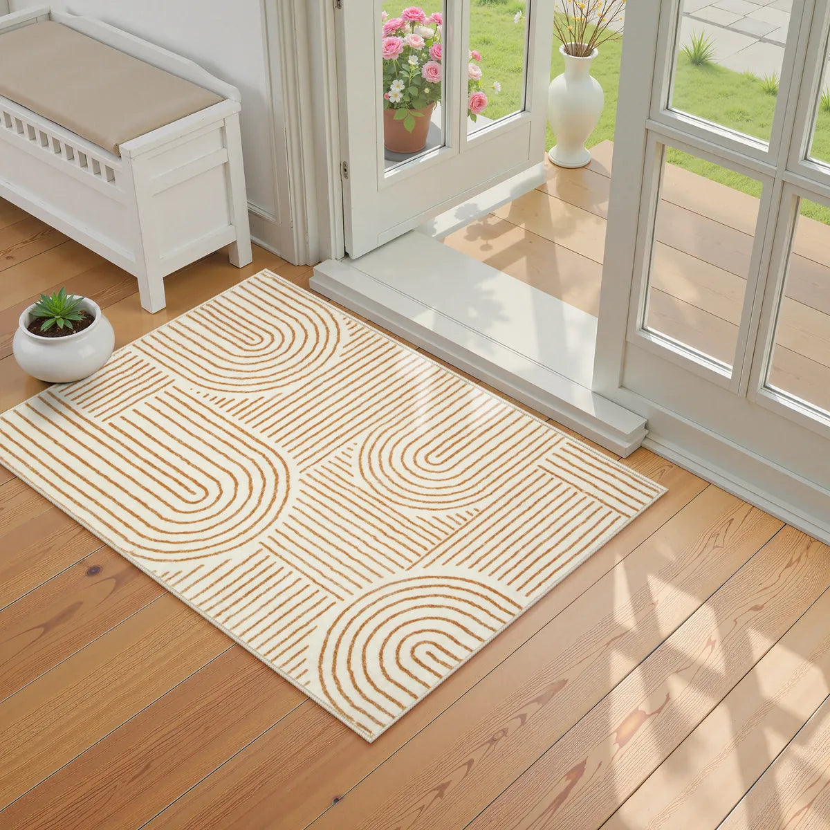 Darrell Washable Abstract Rainbow Stripe Orange/White Rug Area Rugs Lahome