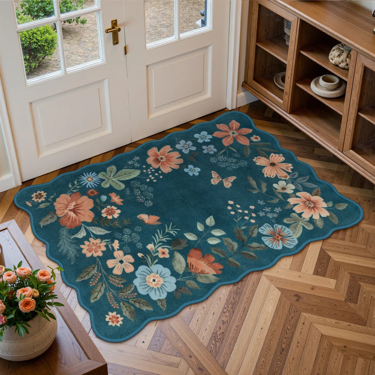 Flore Washable Boho Modern Parisian Floral Scalloped Navy Blue Rug Area Rugs Lahome