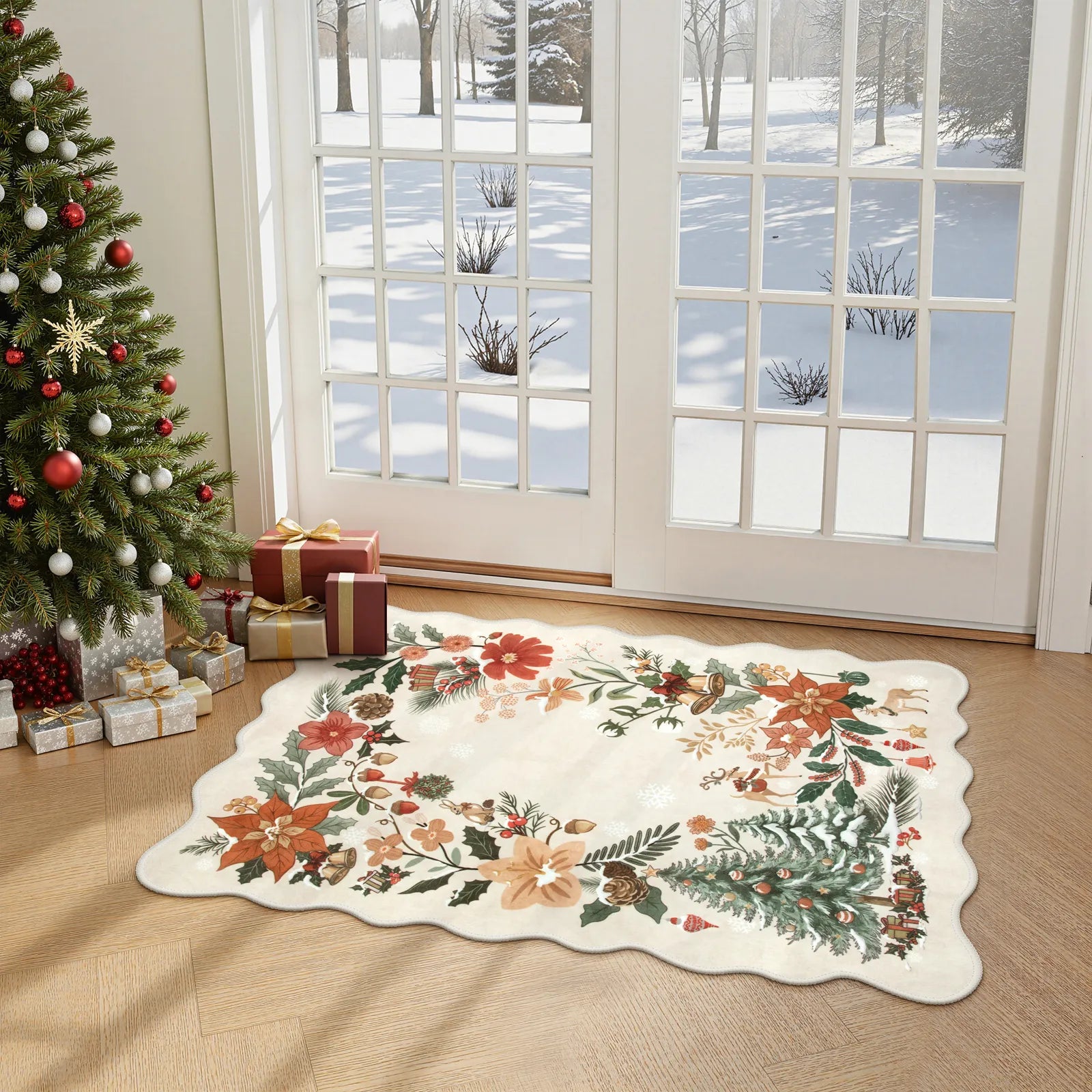 Nicolas Christmas Washable Floral Bell Beige Rug Area Rugs Lahome