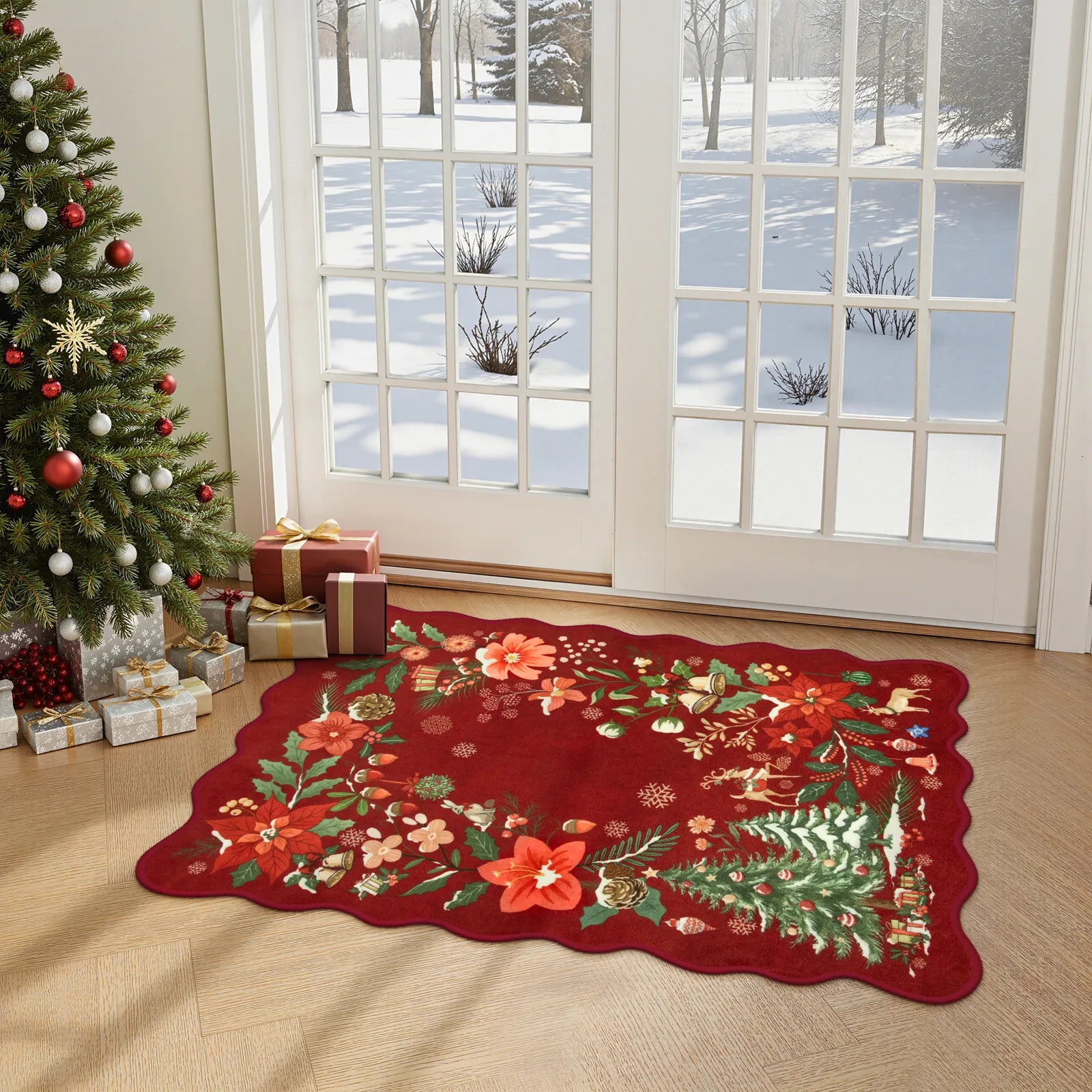 Nicolas Christmas Washable Floral Bell Red Rug Area Rugs Lahome 2' x 4'