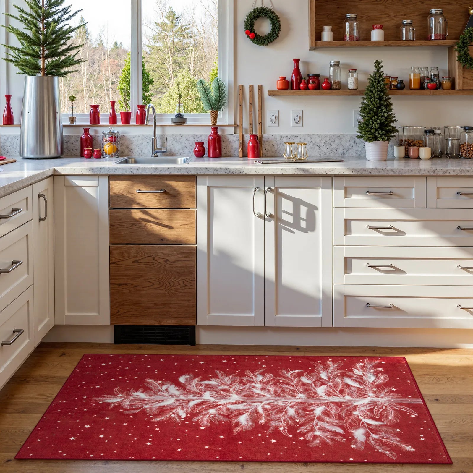 Velours Christmas Washable Tree and Snowflake Red Rug Area Rugs Lahome