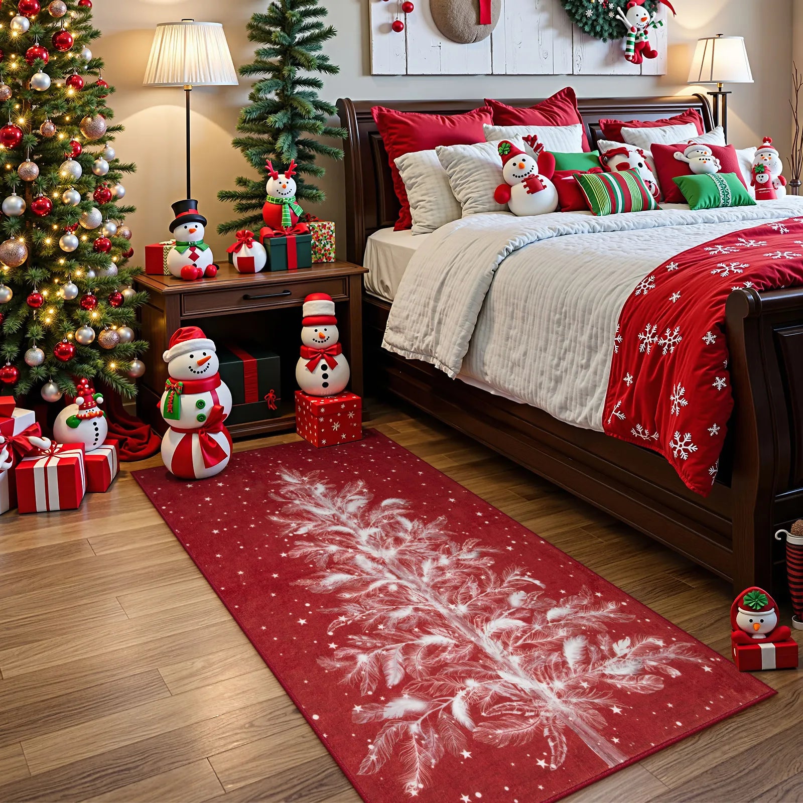 Velours Christmas Washable Tree and Snowflake Red Rug Area Rugs Lahome