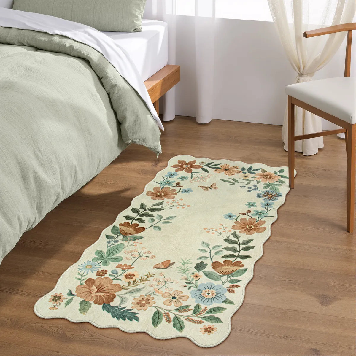 Flore Washable Boho Modern Parisian Floral Scalloped Beige Rug Area Rugs Lahome 2' x 4'