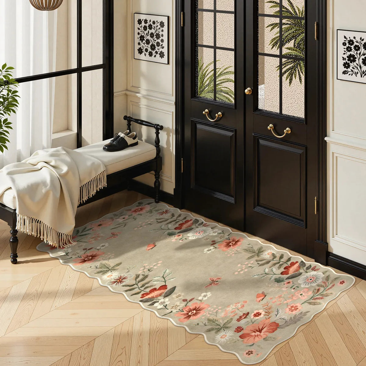Flore Washable Boho Modern Parisian Floral Scalloped Brown Rug Area Rugs Lahome