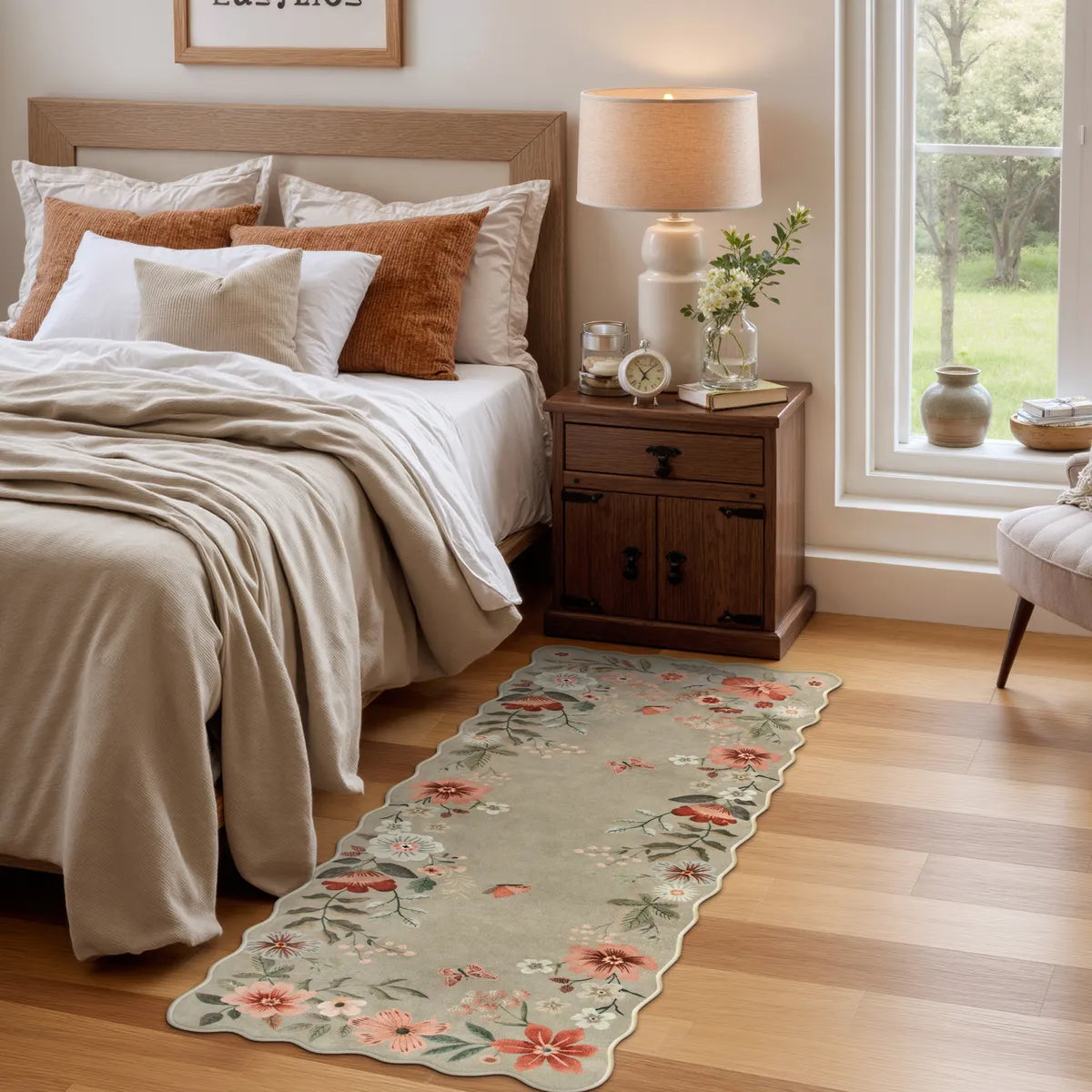 Flore Washable Boho Modern Parisian Floral Scalloped Brown Rug Area Rugs Lahome