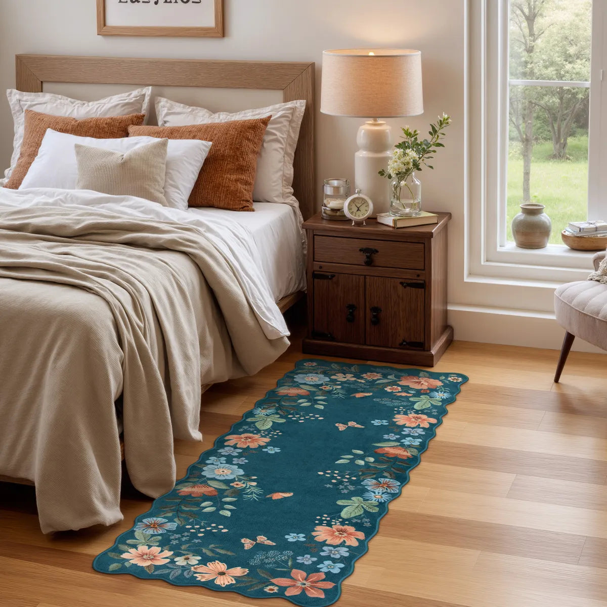 Flore Washable Boho Modern Parisian Floral Scalloped Navy Blue Rug Area Rugs Lahome