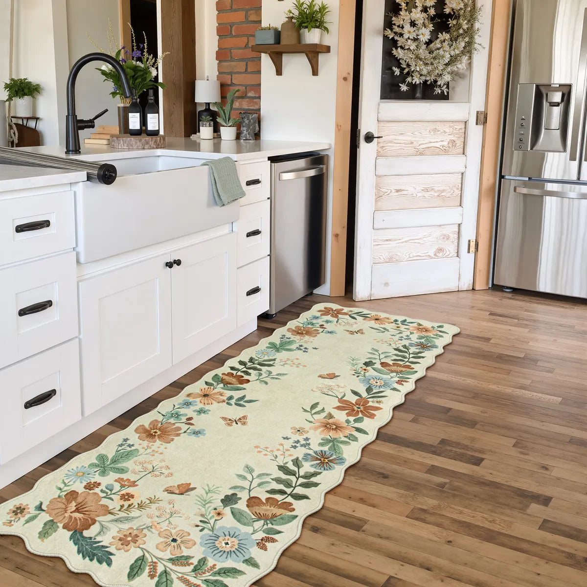 Flore Washable Boho Modern Parisian Floral Scalloped Beige Rug Area Rugs Lahome 2' x 6'