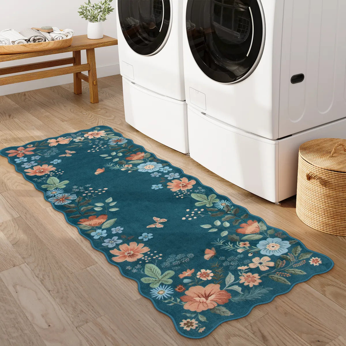 Flore Washable Boho Modern Parisian Floral Scalloped Navy Blue Rug Area Rugs Lahome